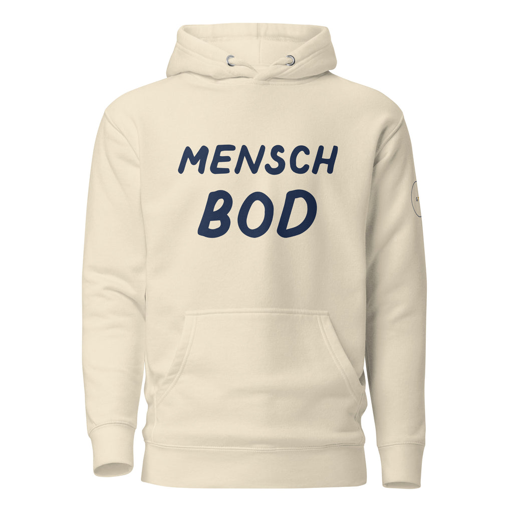 GTG Mensch Bod hoodie in Bone with navy print, front view