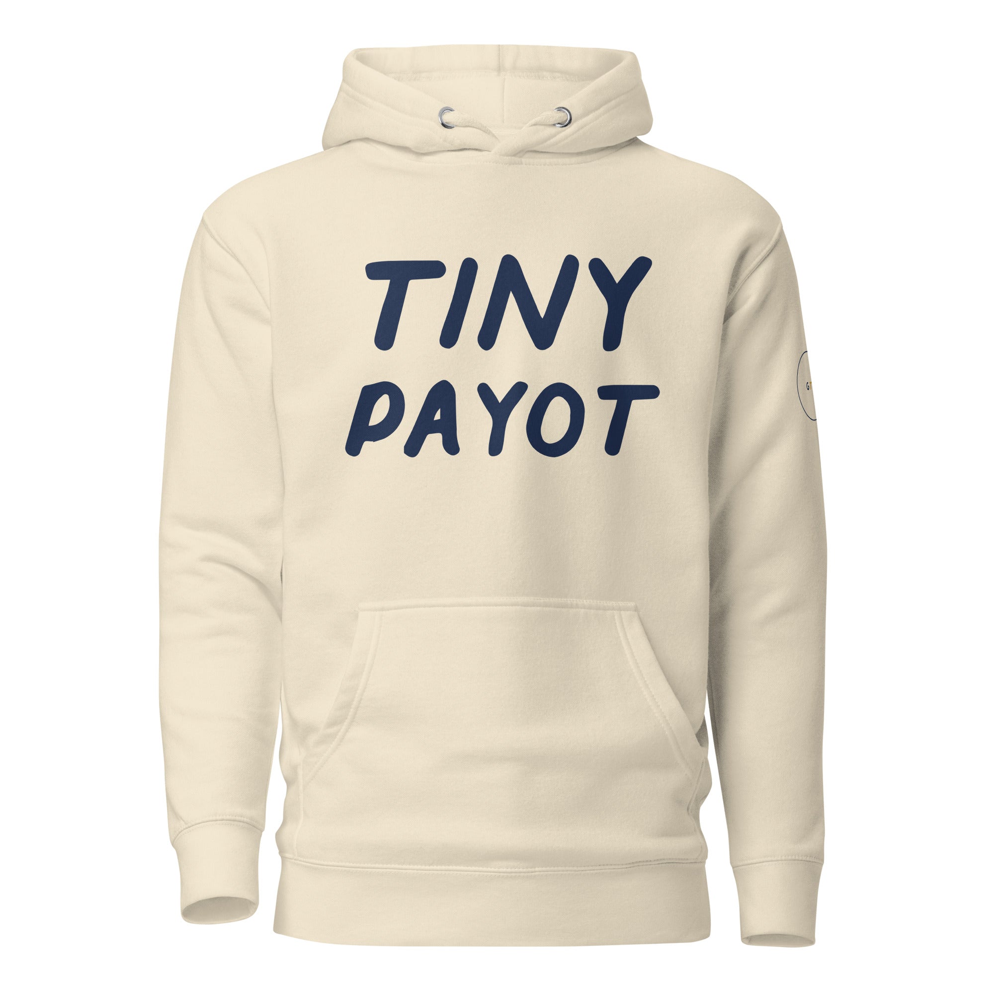 GTG Tiny Payot hoodie in Bone with navy print, front view