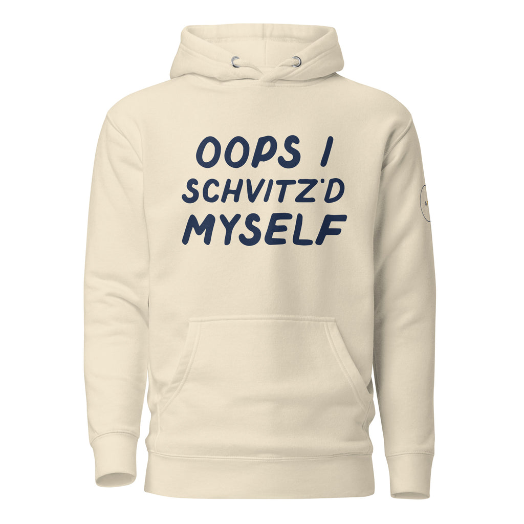 GTG Oops I Schvitz'd Myself hoodie in Bone with navy print, front view