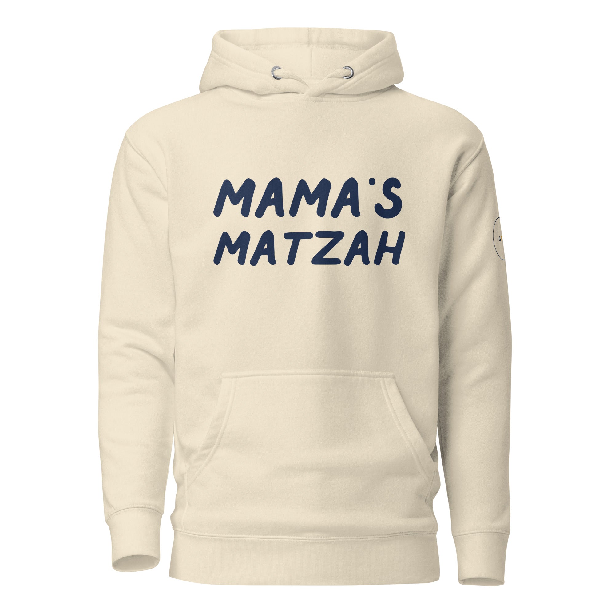 GTG Mama's Matzah hoodie in Bone with navy print, front view