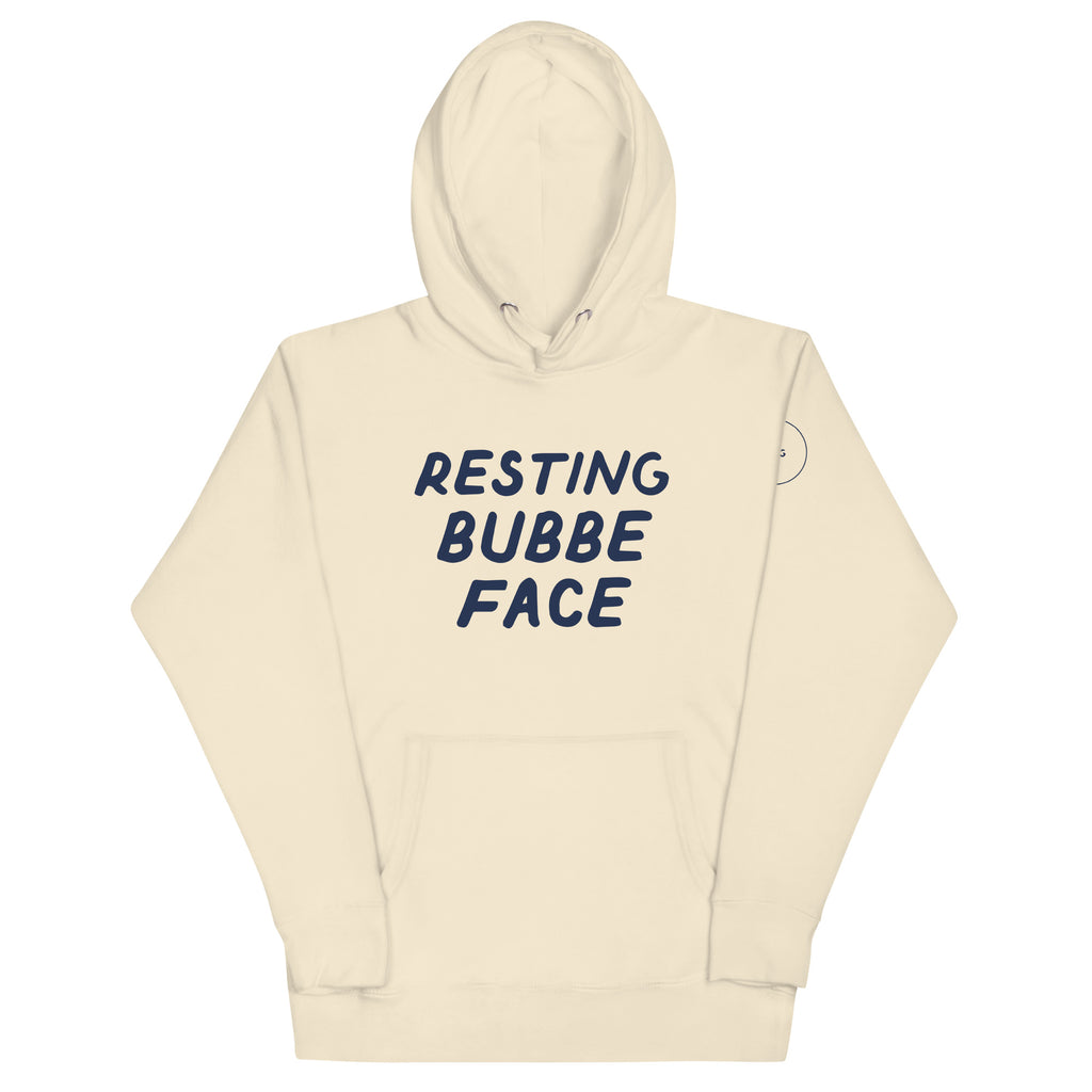 GTG Resting Bubbe Face hoodie in Bone with navy print, front view