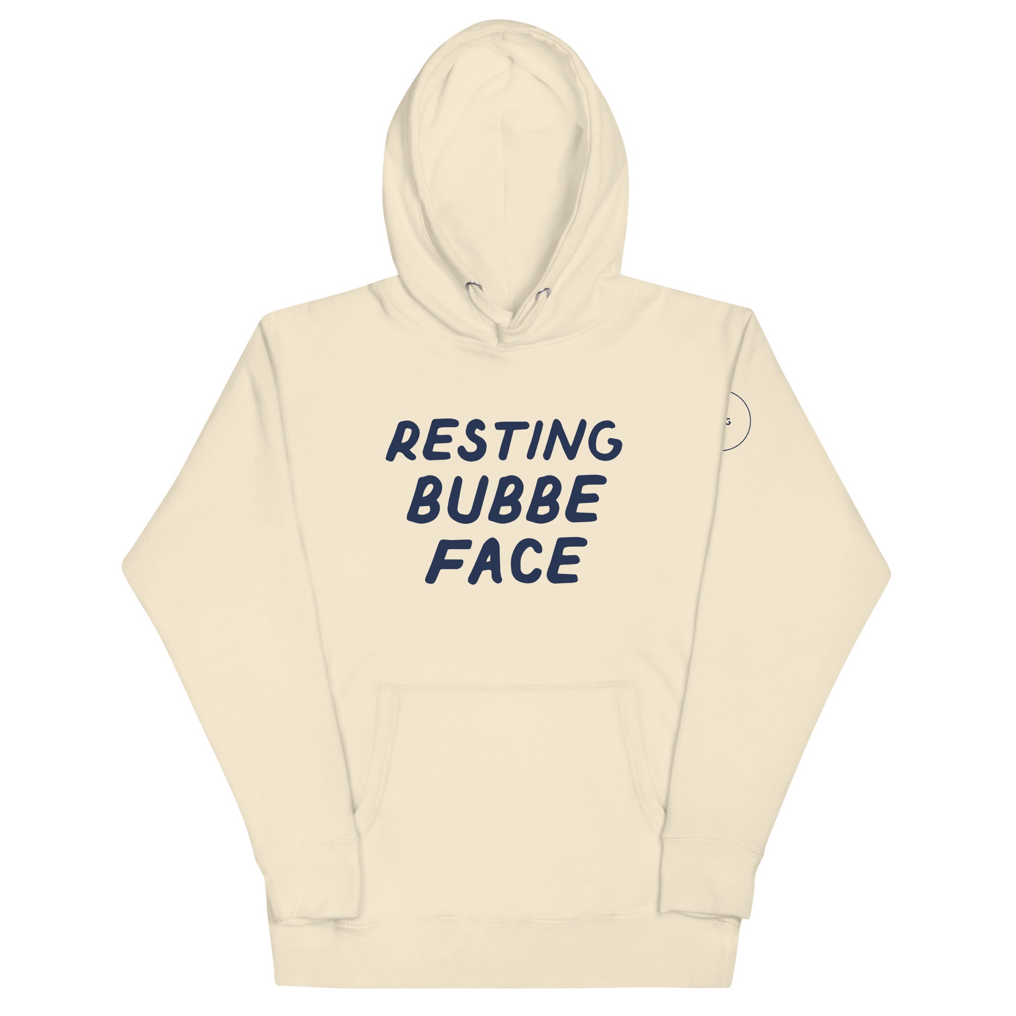 GTG Resting Bubbe Face hoodie in Bone with navy print, front view