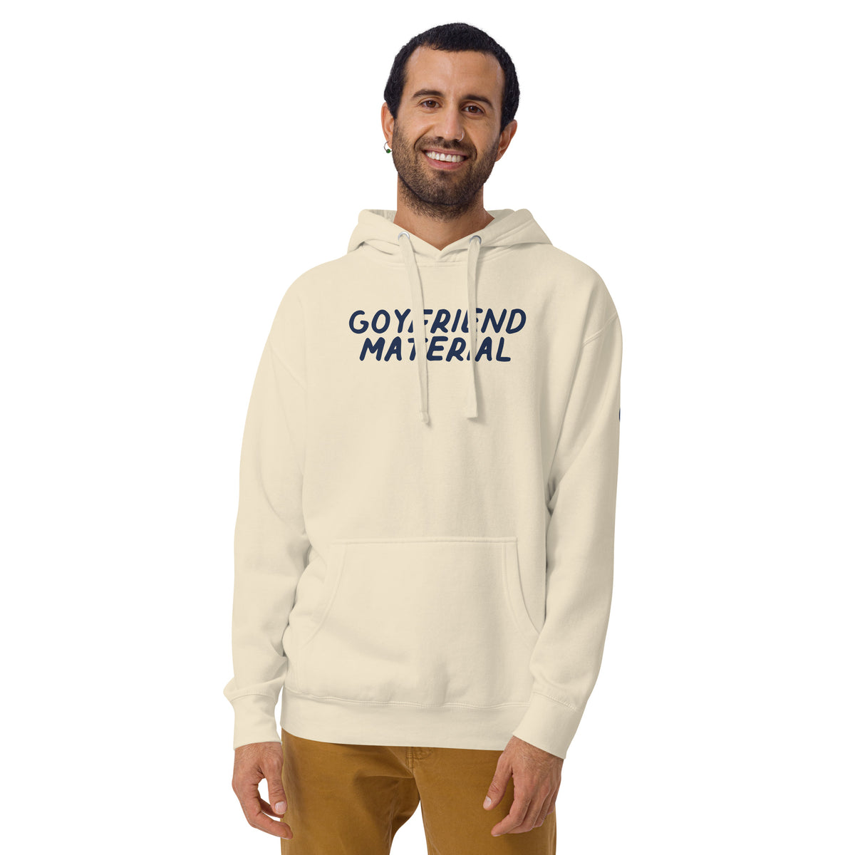Model wearing the Good Thank God Goyfriend Material hoodie in Bone, front view