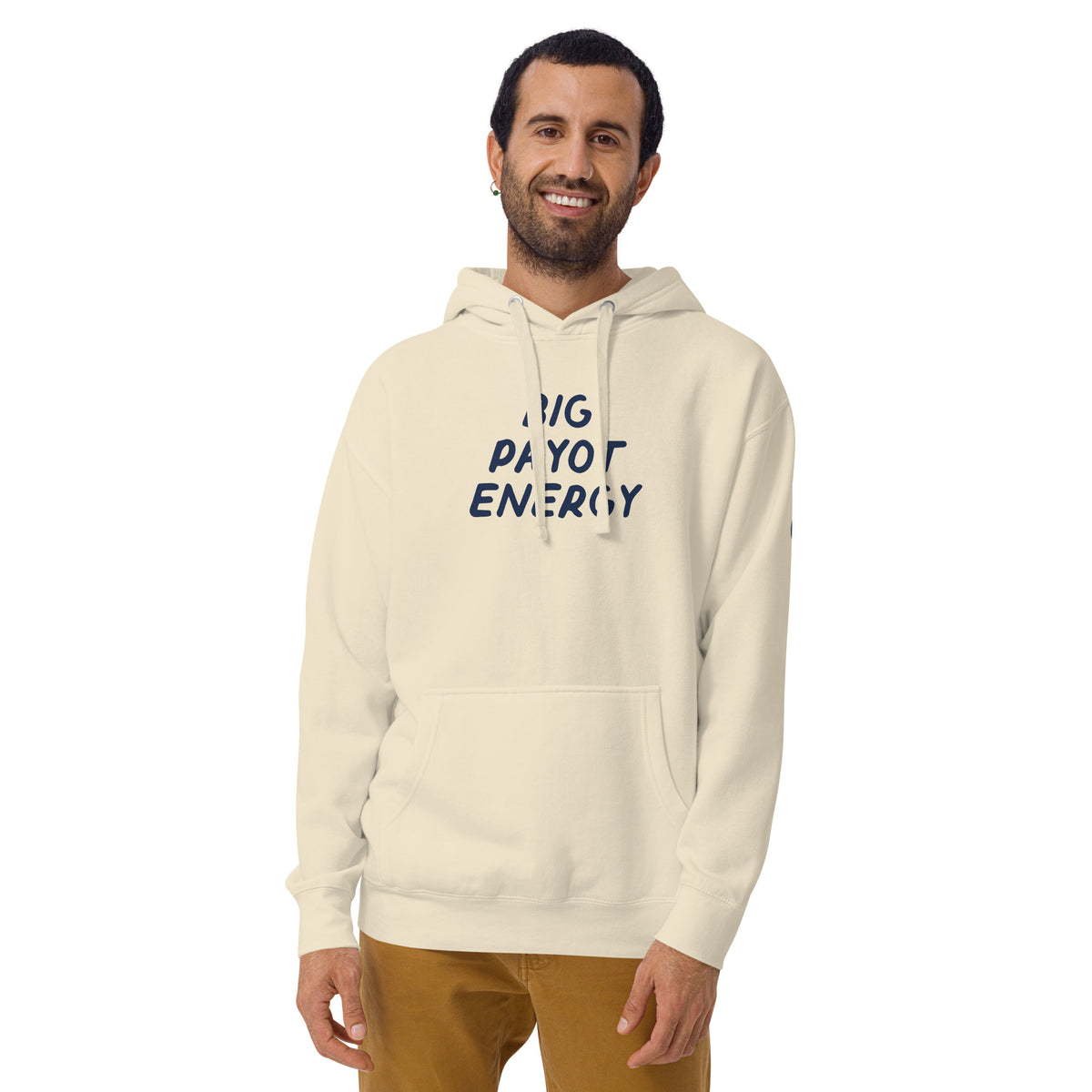 Model wearing the Good Thank God Big Payot Energy hoodie in Bone, front view