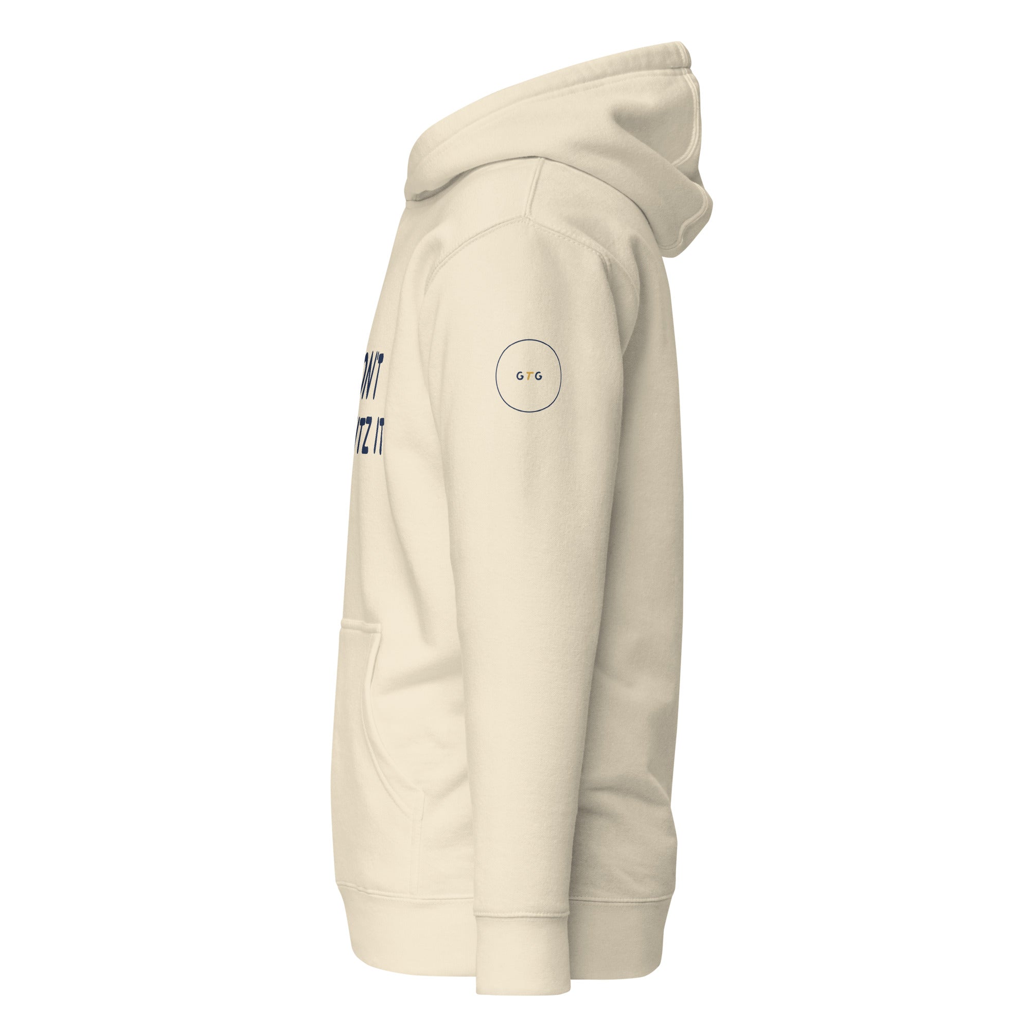 GTG Don't Schvitz It hoodie in Bone with navy print, detail view 2