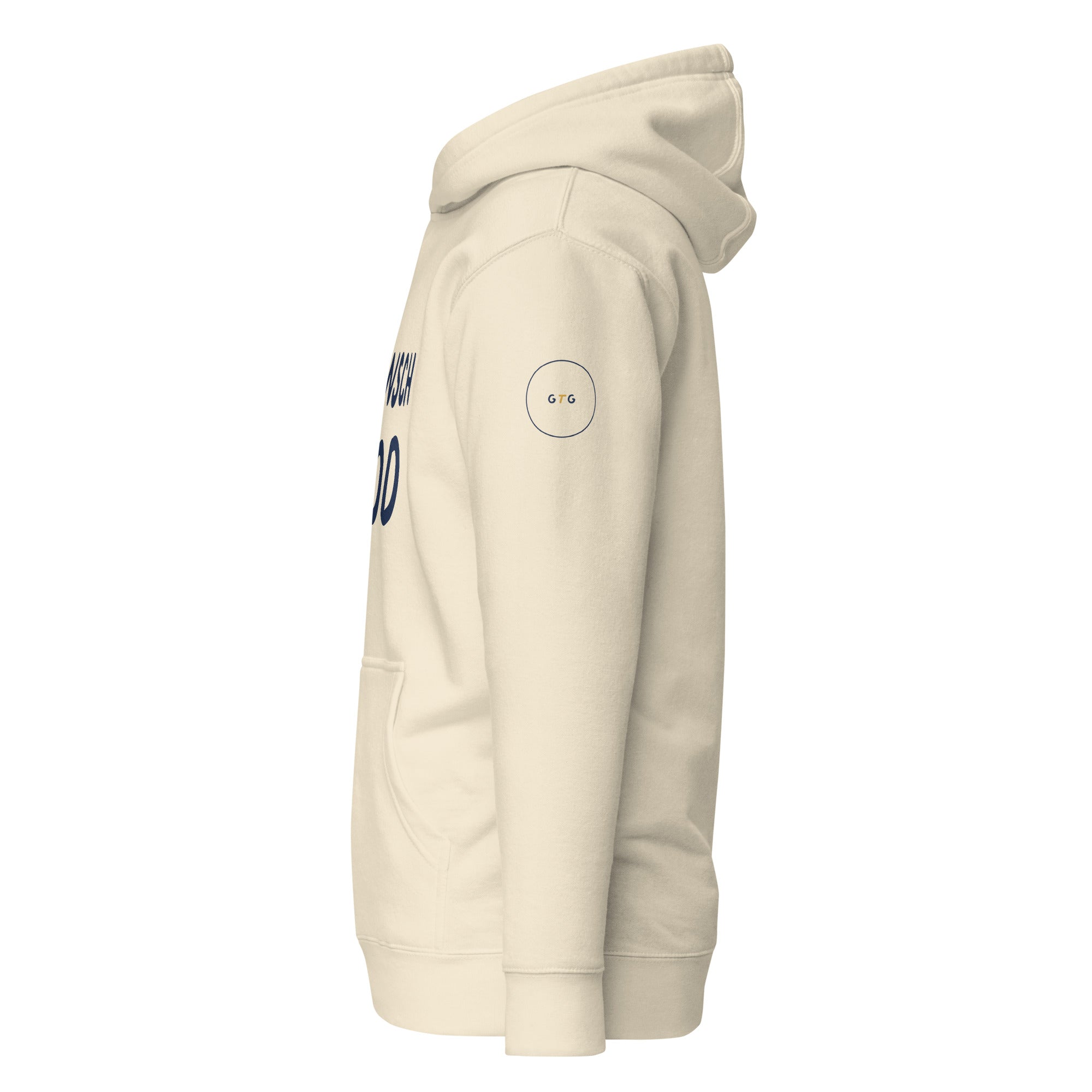 GTG Mensch Bod hoodie in Bone with navy print, detail view 2