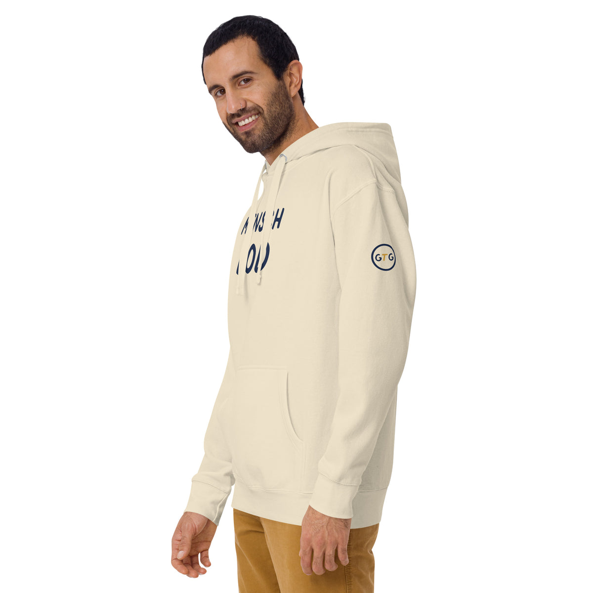 Model wearing the Good Thank God Mensch Bod hoodie in Bone, left front view showing the GTG sleeve badge