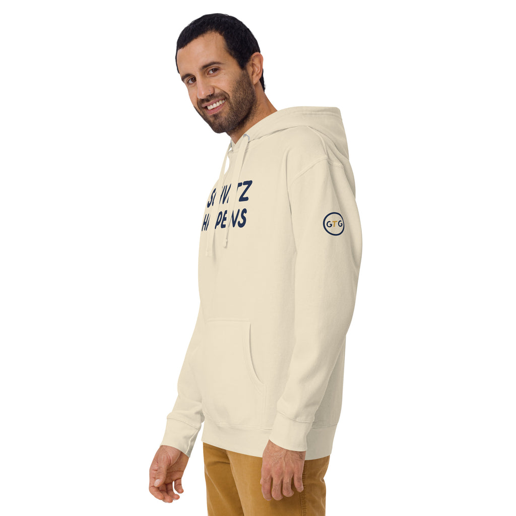 Model wearing the Good Thank God Schvitz Happens hoodie in Bone, left front view showing the GTG sleeve badge