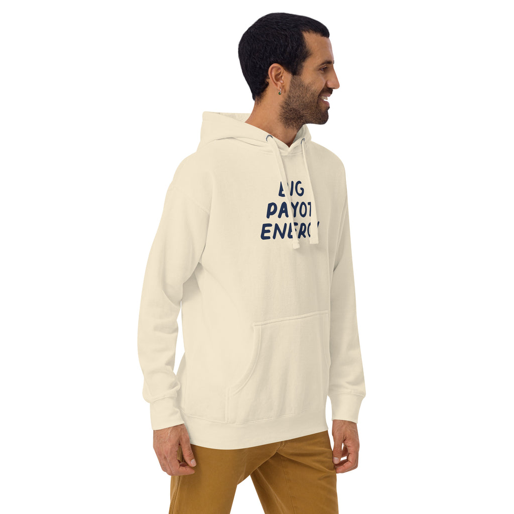 Model wearing the Good Thank God Big Payot Energy hoodie in Bone, right front view