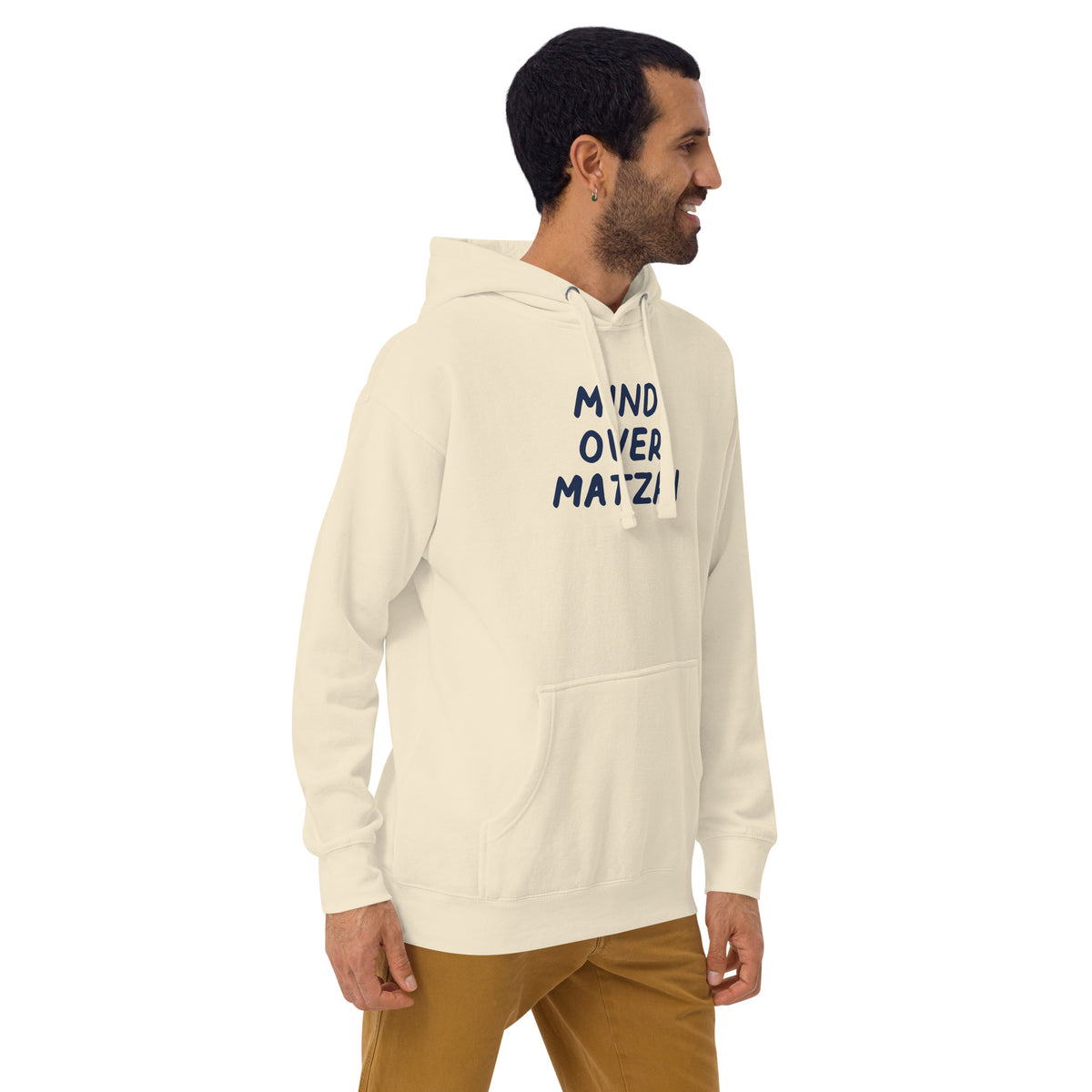 Model wearing the Good Thank God Mind Over Matzah hoodie in Bone, right front view