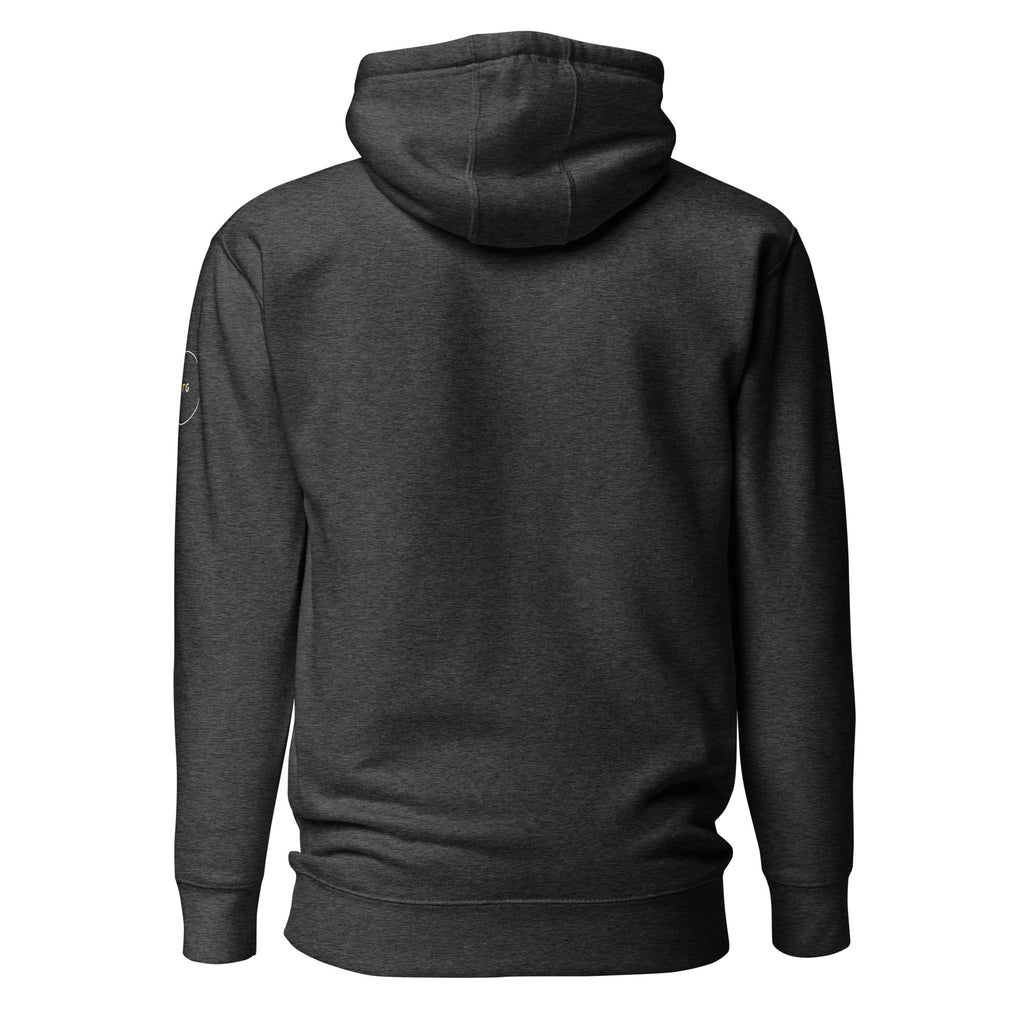 GTG Resting Bubbe Face hoodie in Charcoal Heather with navy print, detail view 3
