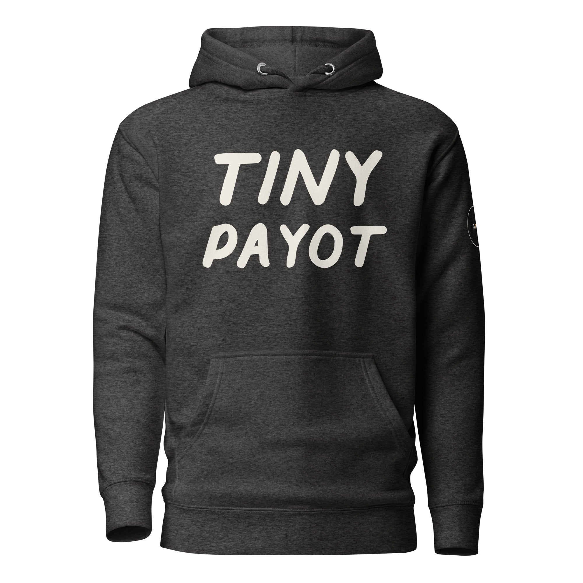 GTG Tiny Payot hoodie in Charcoal Heather with navy print, front view