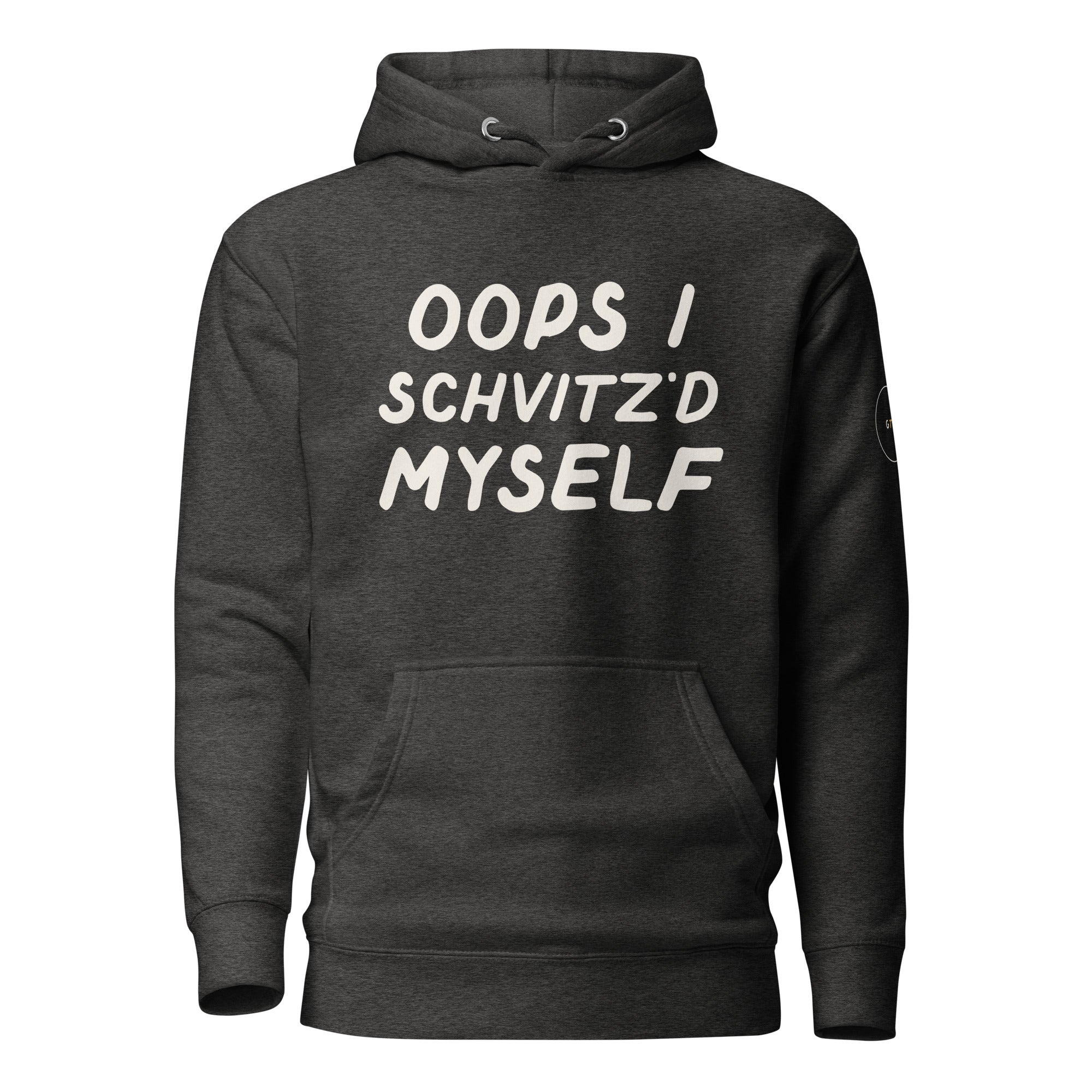 GTG Oops I Schvitz'd Myself hoodie in Charcoal Heather with navy print, front view