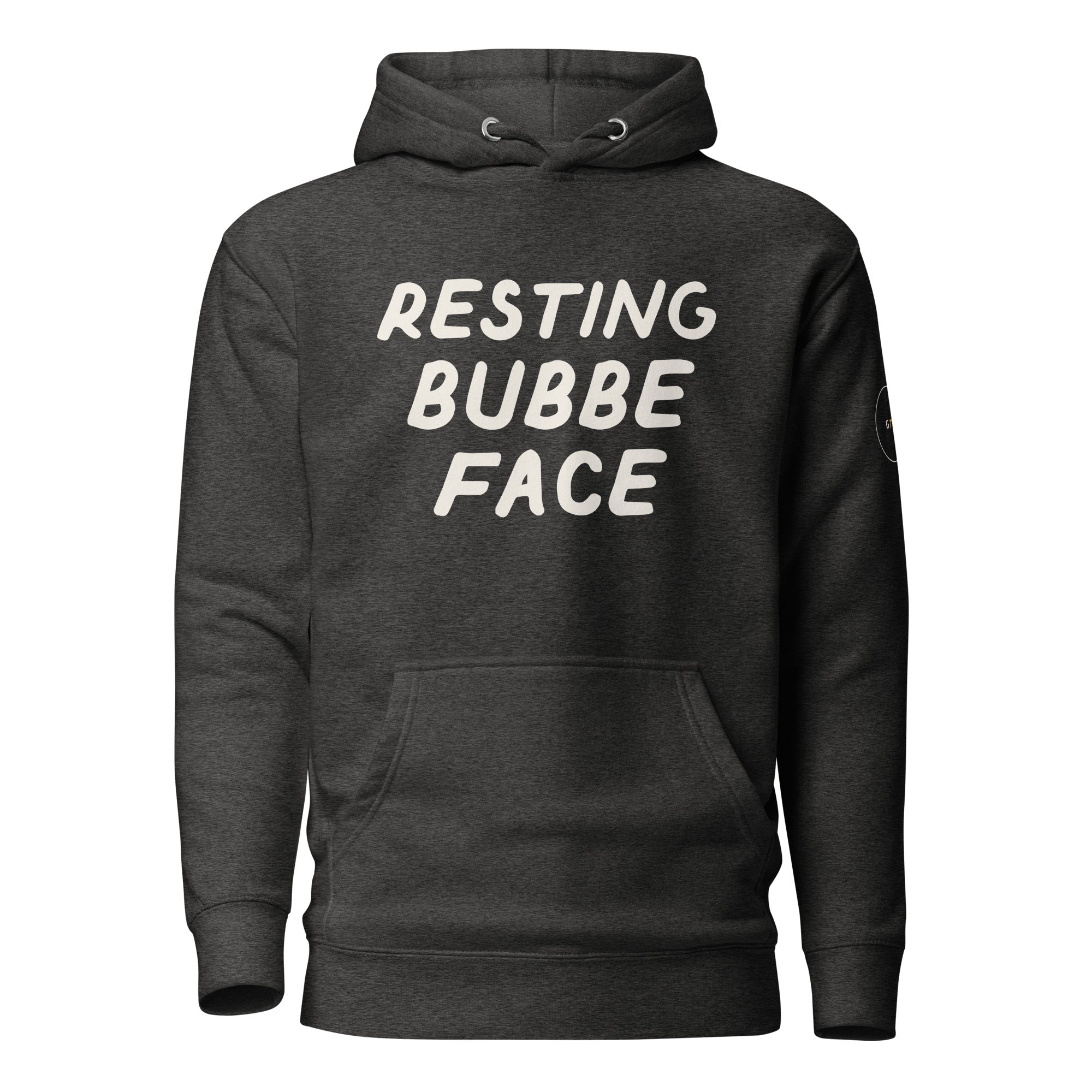 GTG Resting Bubbe Face hoodie in Charcoal Heather with navy print, front view
