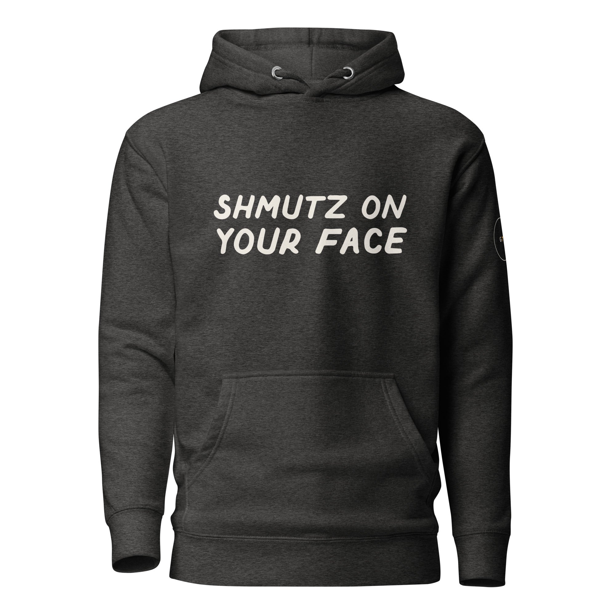 GTG Shmutz on Your Face hoodie in Charcoal Heather with navy print, front view