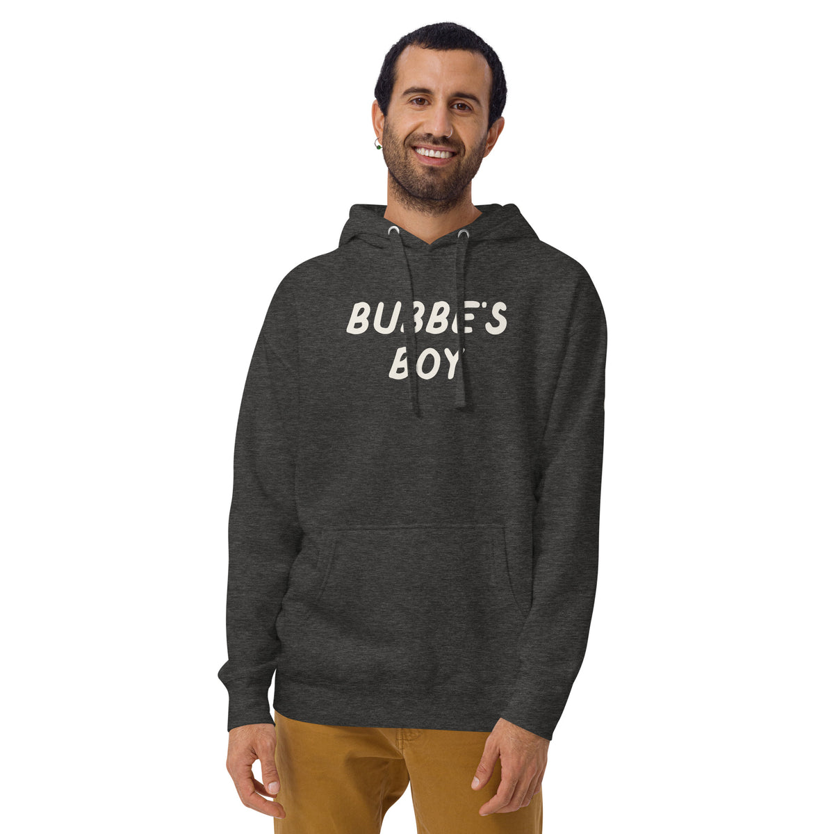 Model wearing the Good Thank God Bubbe's Boy hoodie in Charcoal Heather, front view