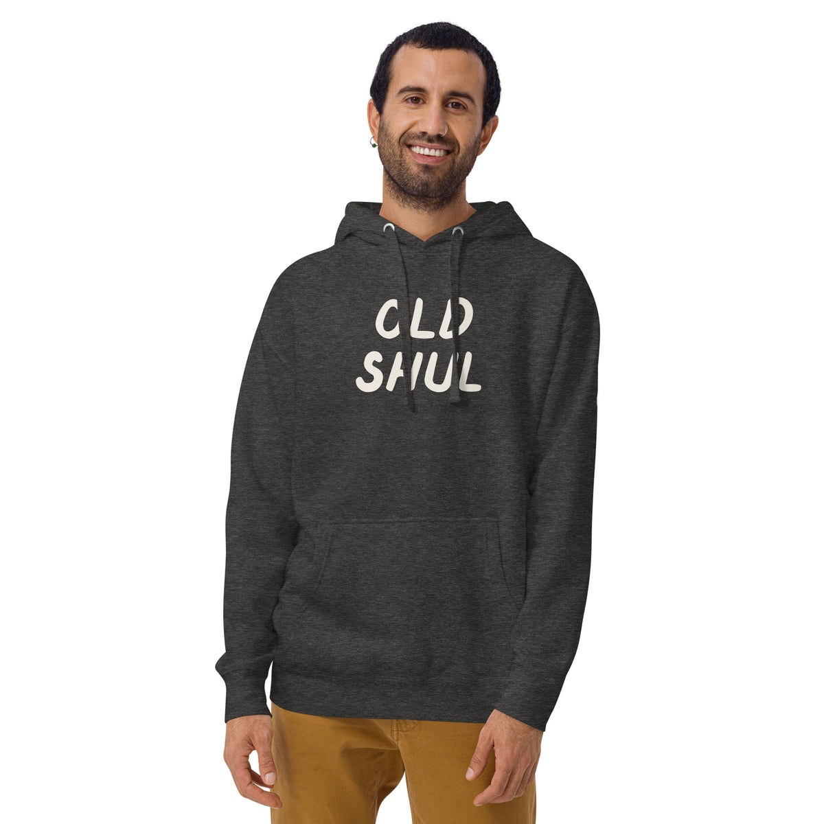 Model wearing the Good Thank God Old Shul hoodie in Charcoal Heather, front view