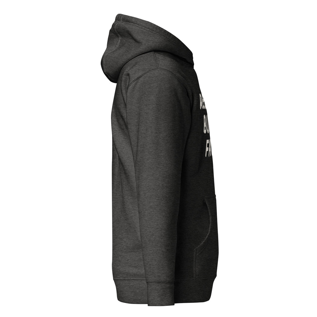 GTG Resting Bubbe Face hoodie in Charcoal Heather with navy print, back view