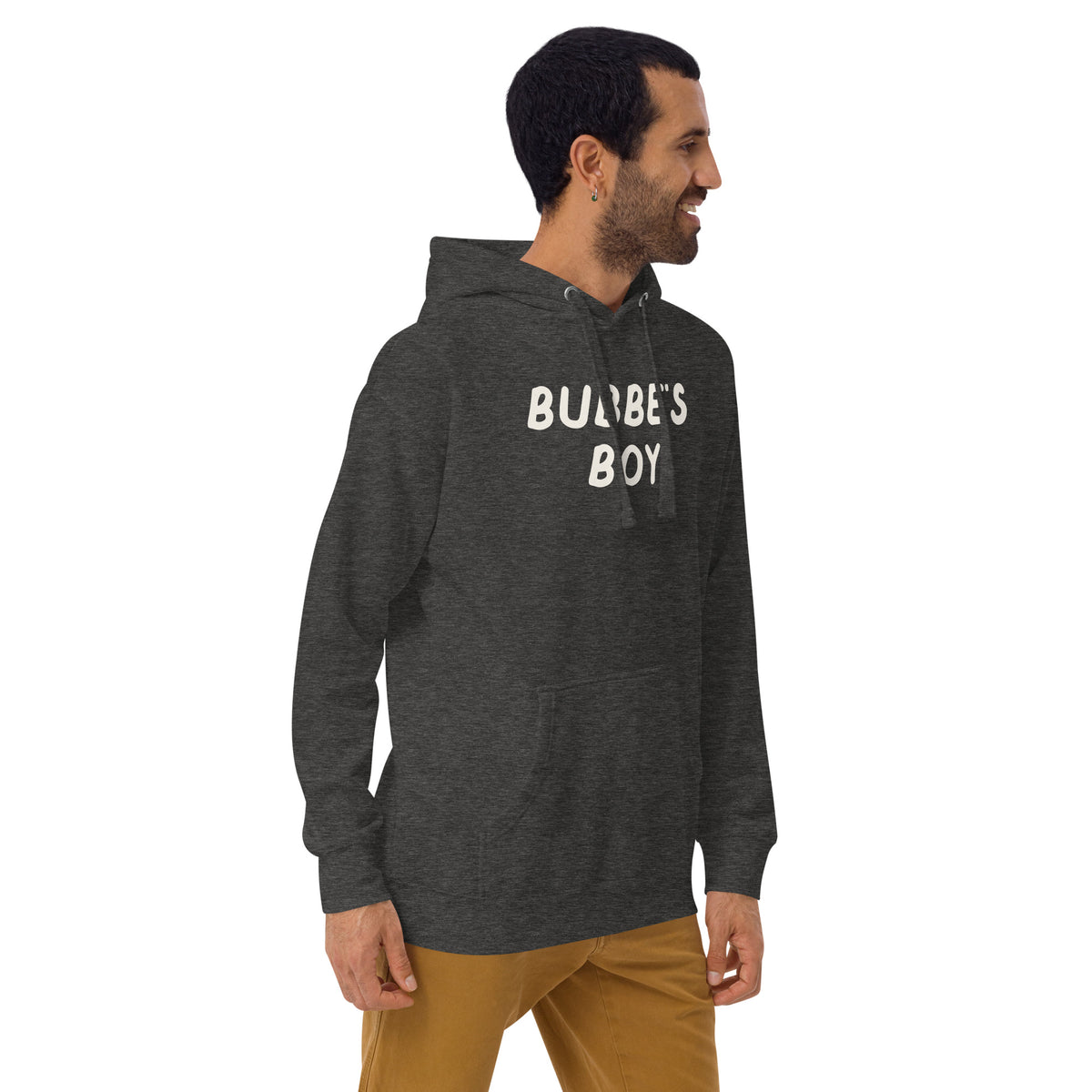 Model wearing the Good Thank God Bubbe's Boy hoodie in Charcoal Heather, right front view