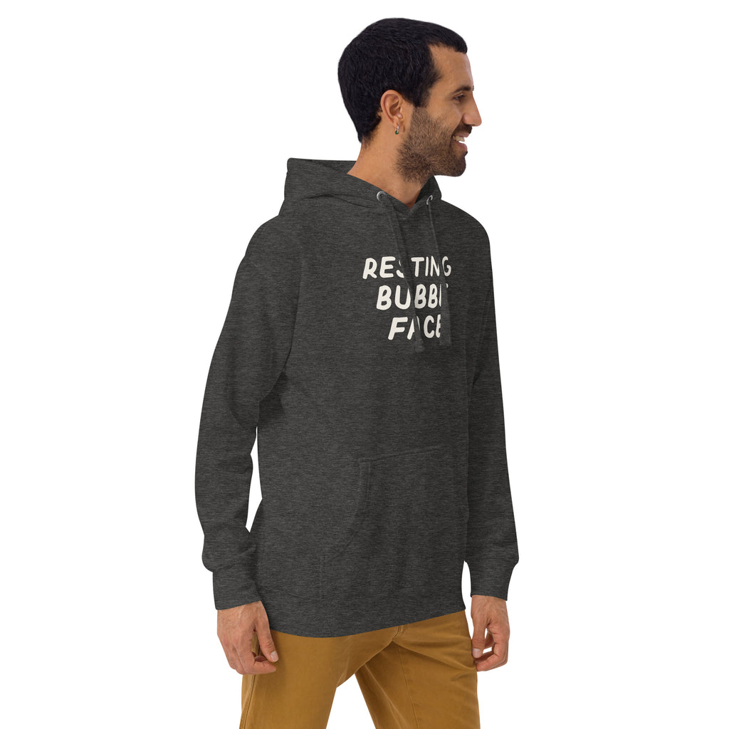 Model wearing the Good Thank God Resting Bubbe Face hoodie in Charcoal Heather, right front view