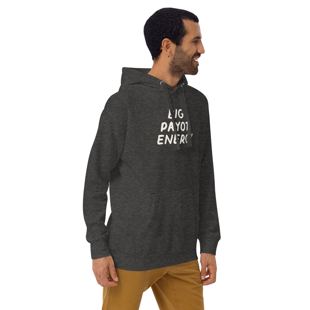Model wearing the Good Thank God Big Payot Energy hoodie in Charcoal Heather, right front view