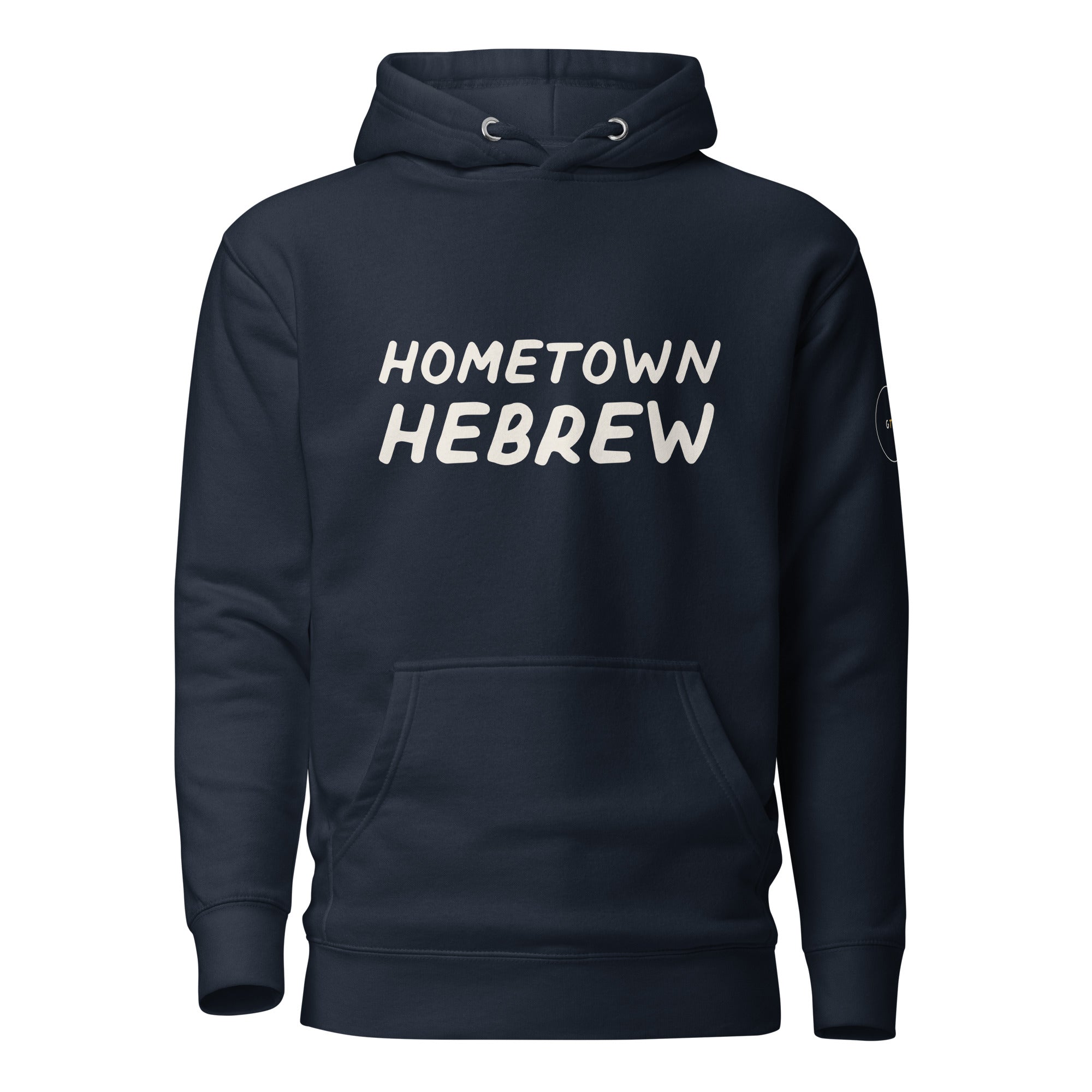 GTG Hometown Hebrew hoodie in Navy Blazer with navy print, front view