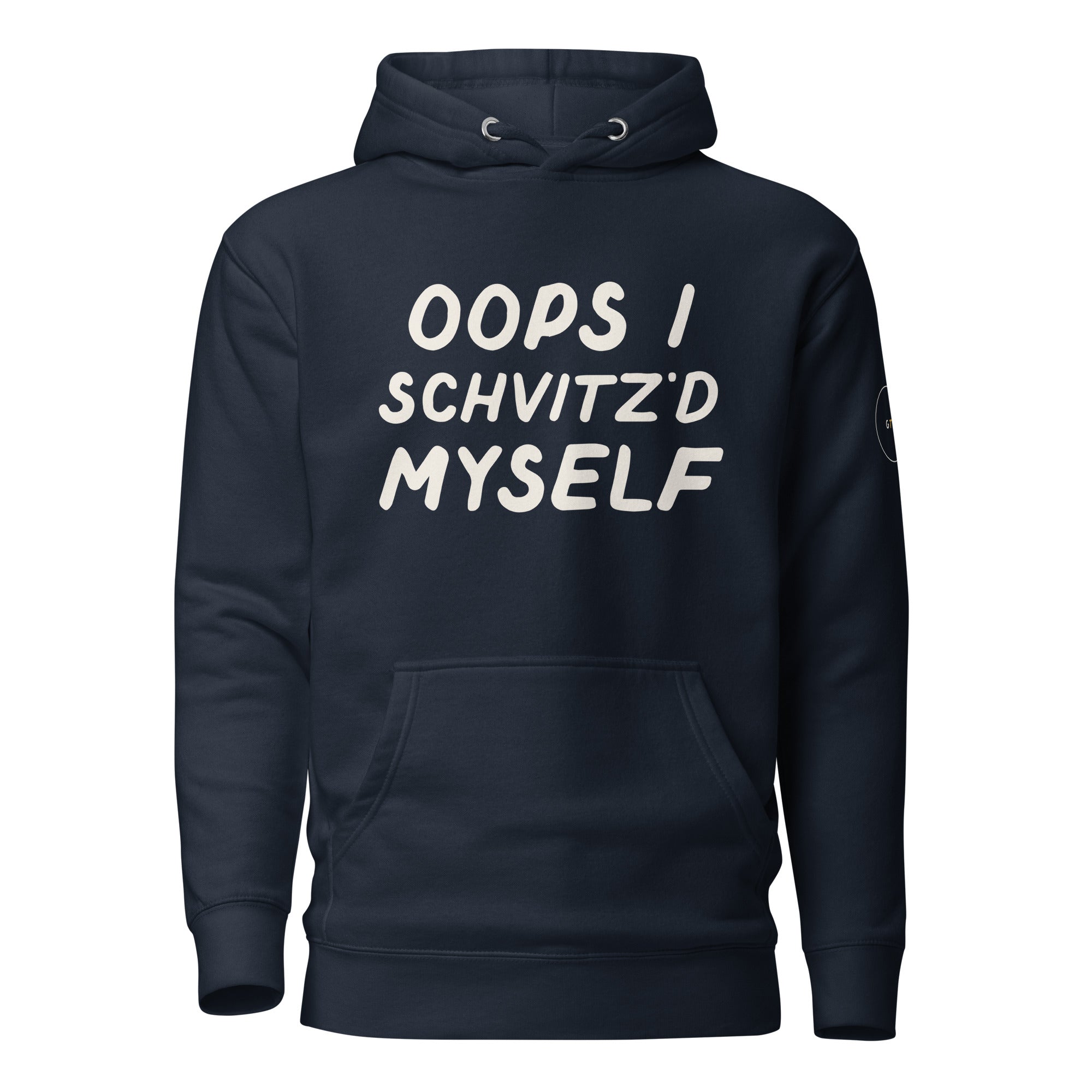 GTG Oops I Schvitz'd Myself hoodie in Navy Blazer with navy print, front view