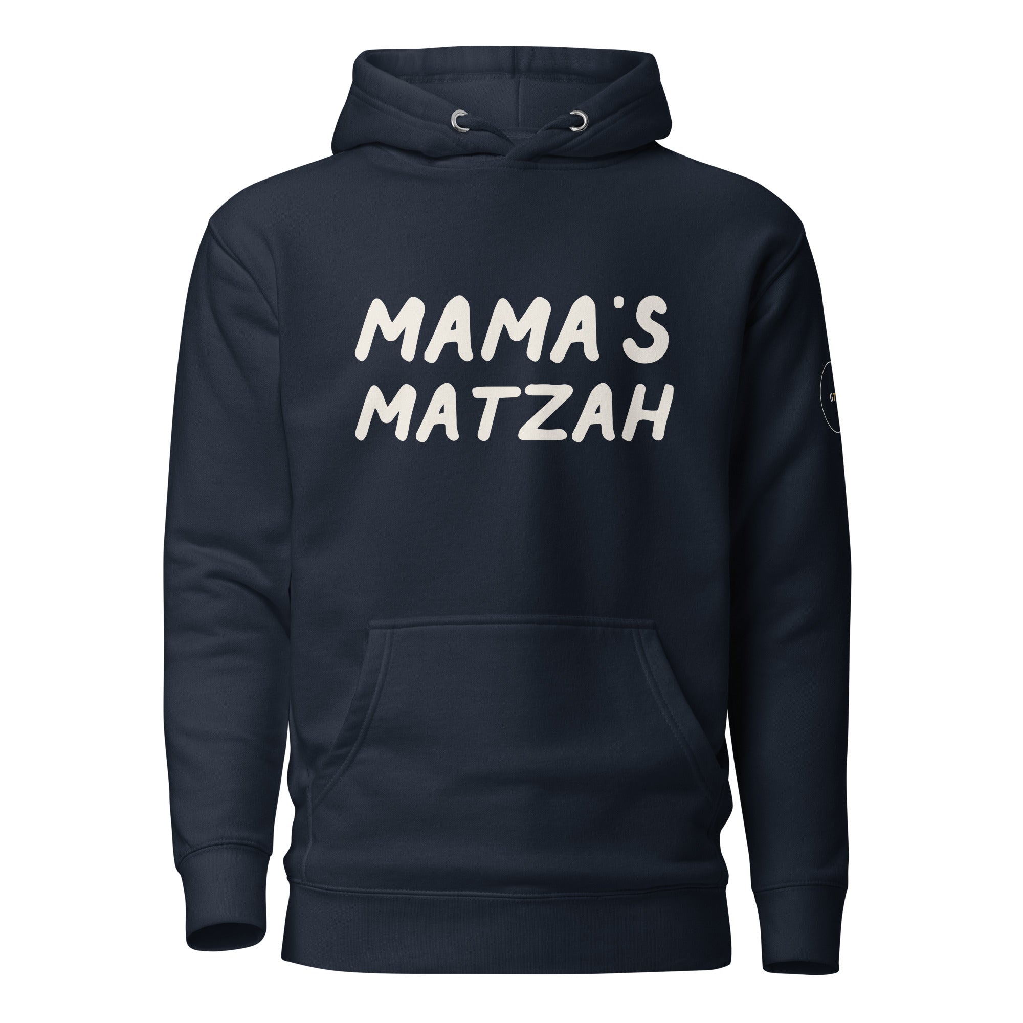 GTG Mama's Matzah hoodie in Navy Blazer with navy print, front view