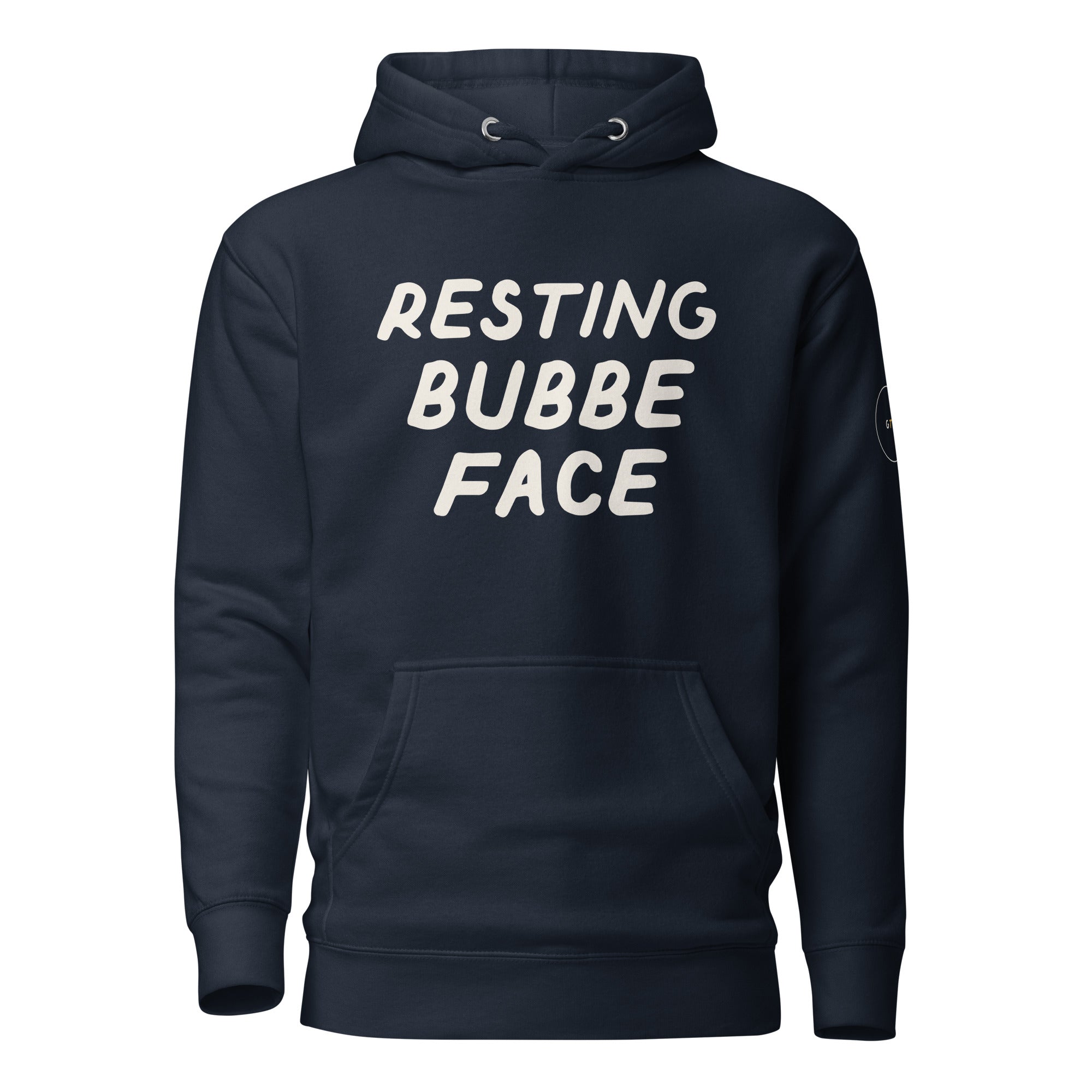 GTG Resting Bubbe Face hoodie in Navy Blazer with navy print, front view