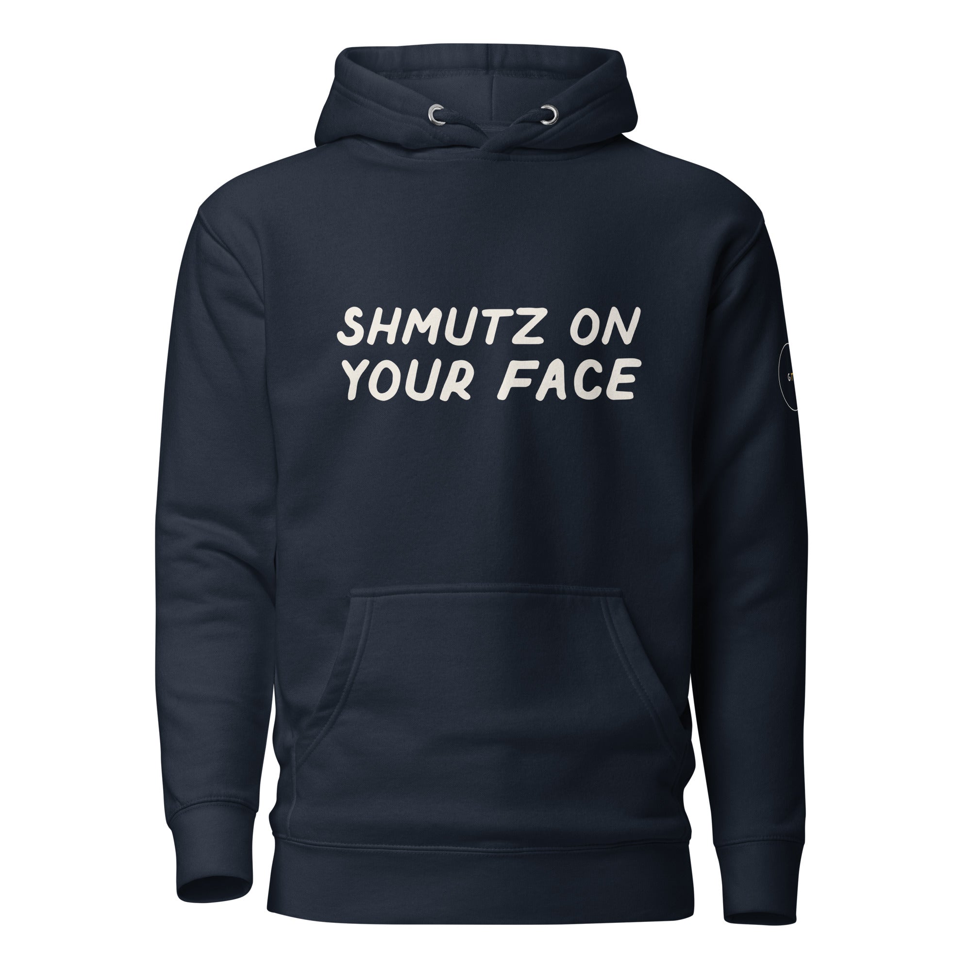 GTG Shmutz on Your Face hoodie in Navy Blazer with navy print, front view