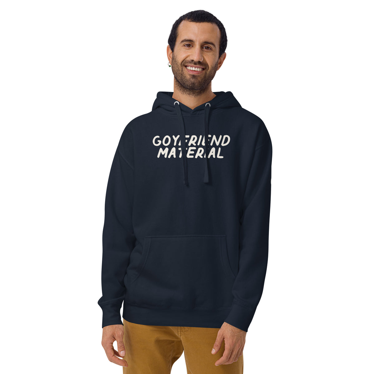Model wearing the Good Thank God Goyfriend Material hoodie in Navy Blazer, front view