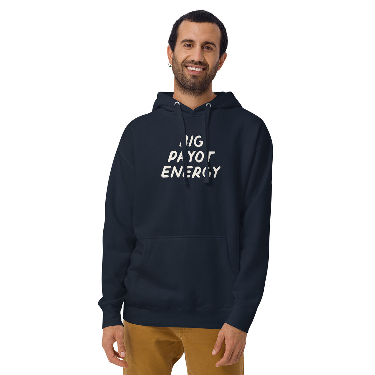 Model wearing the Good Thank God Big Payot Energy hoodie in Navy Blazer, front view