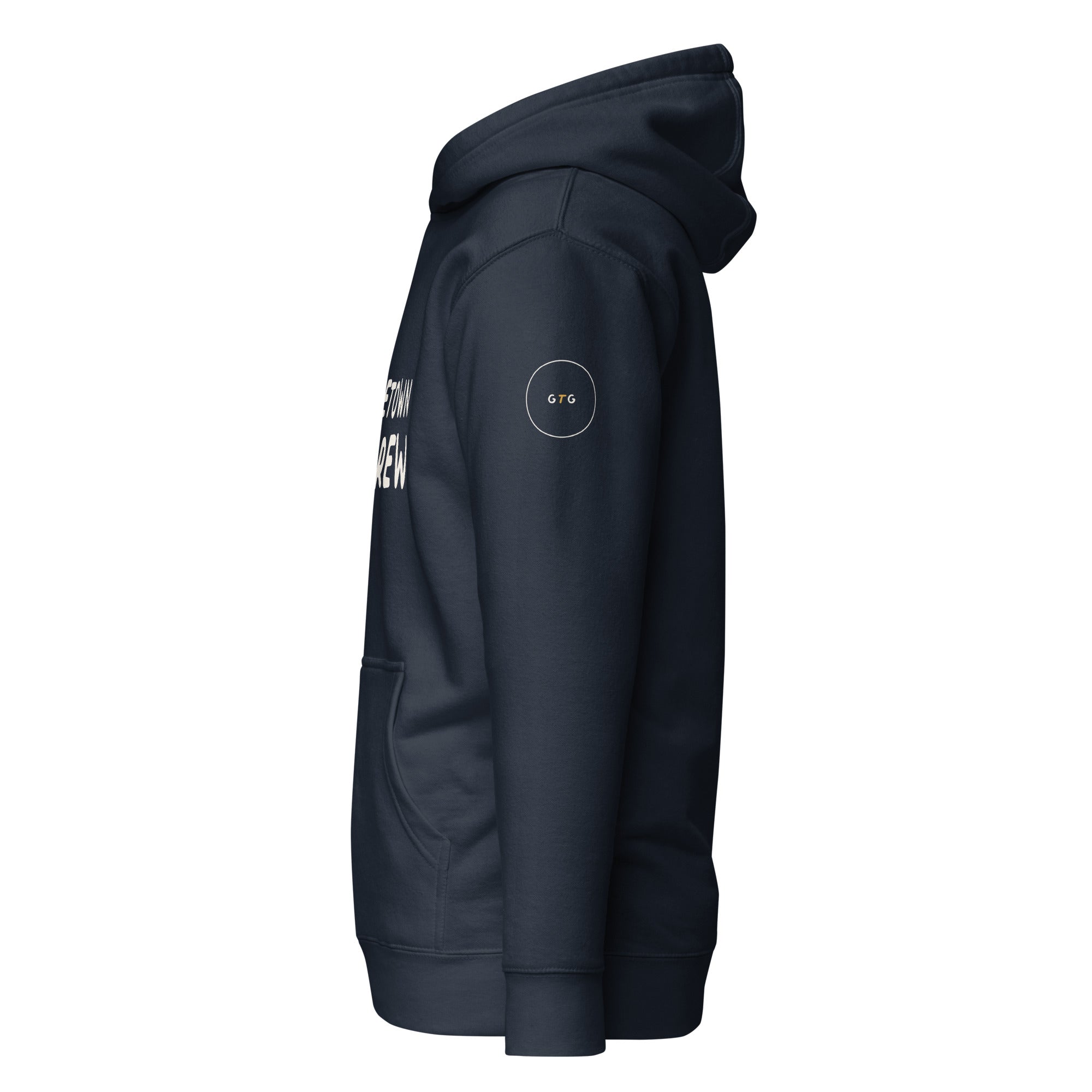 GTG Hometown Hebrew hoodie in Navy Blazer with navy print, detail view 2