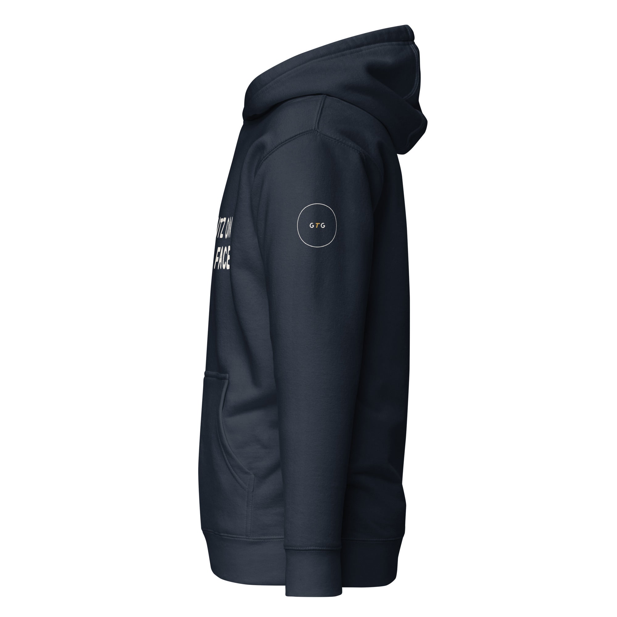 GTG Shmutz on Your Face hoodie in Navy Blazer with navy print, detail view 2