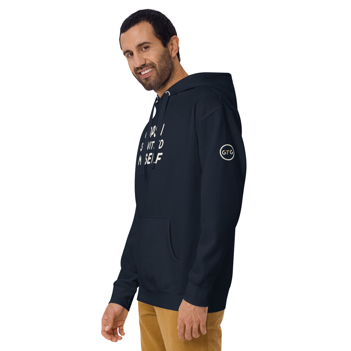 Model wearing the Good Thank God Oops I Schvitz'd Myself hoodie in Navy Blazer, left front view showing the GTG sleeve badge