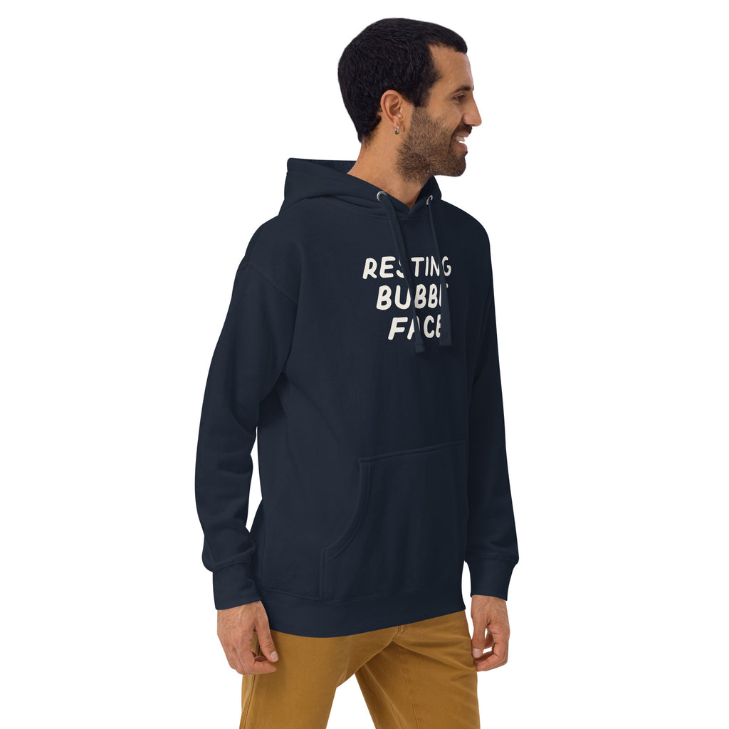 Model wearing the Good Thank God Resting Bubbe Face hoodie in Navy Blazer, right front view