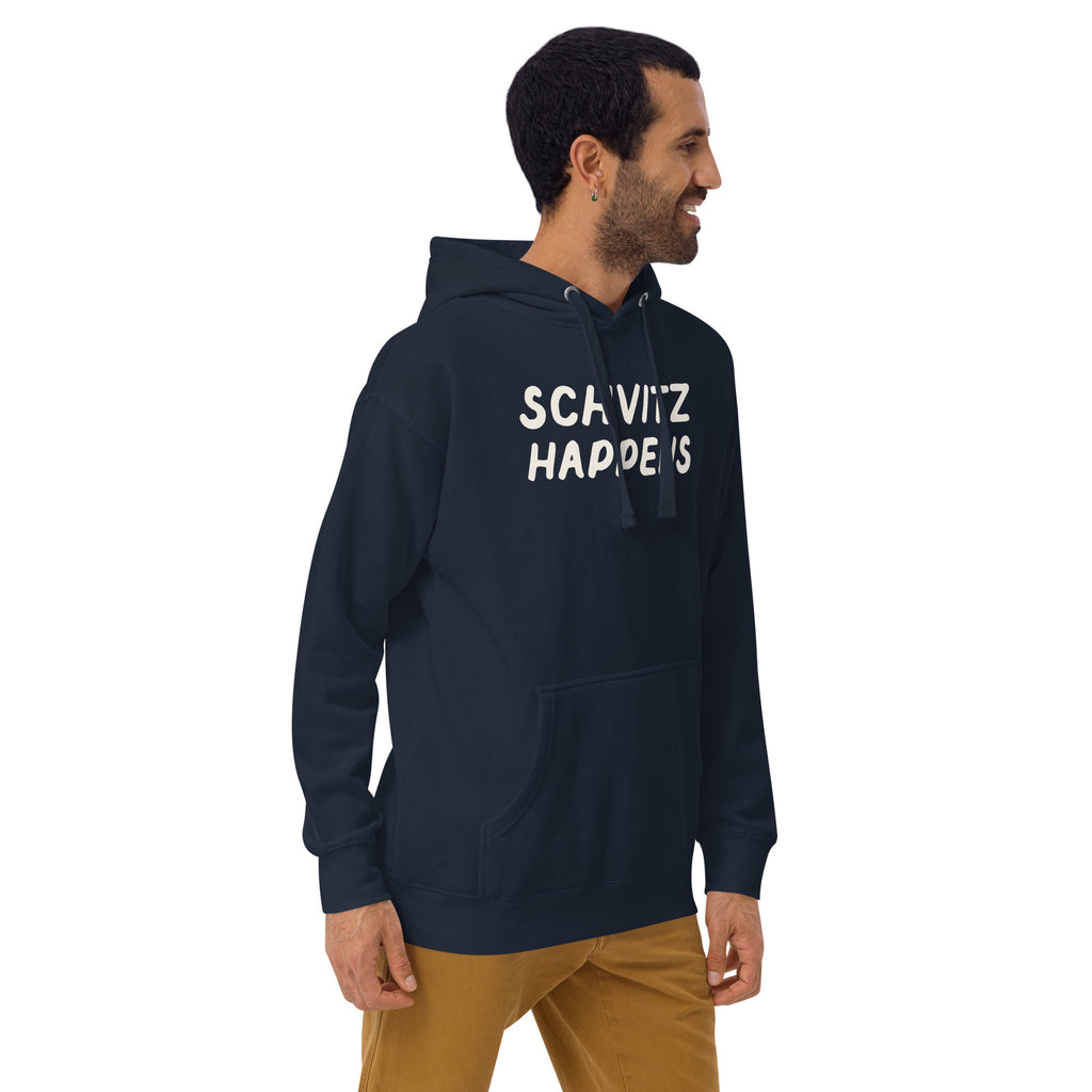 Model wearing the Good Thank God Schvitz Happens hoodie in Navy Blazer, right front view