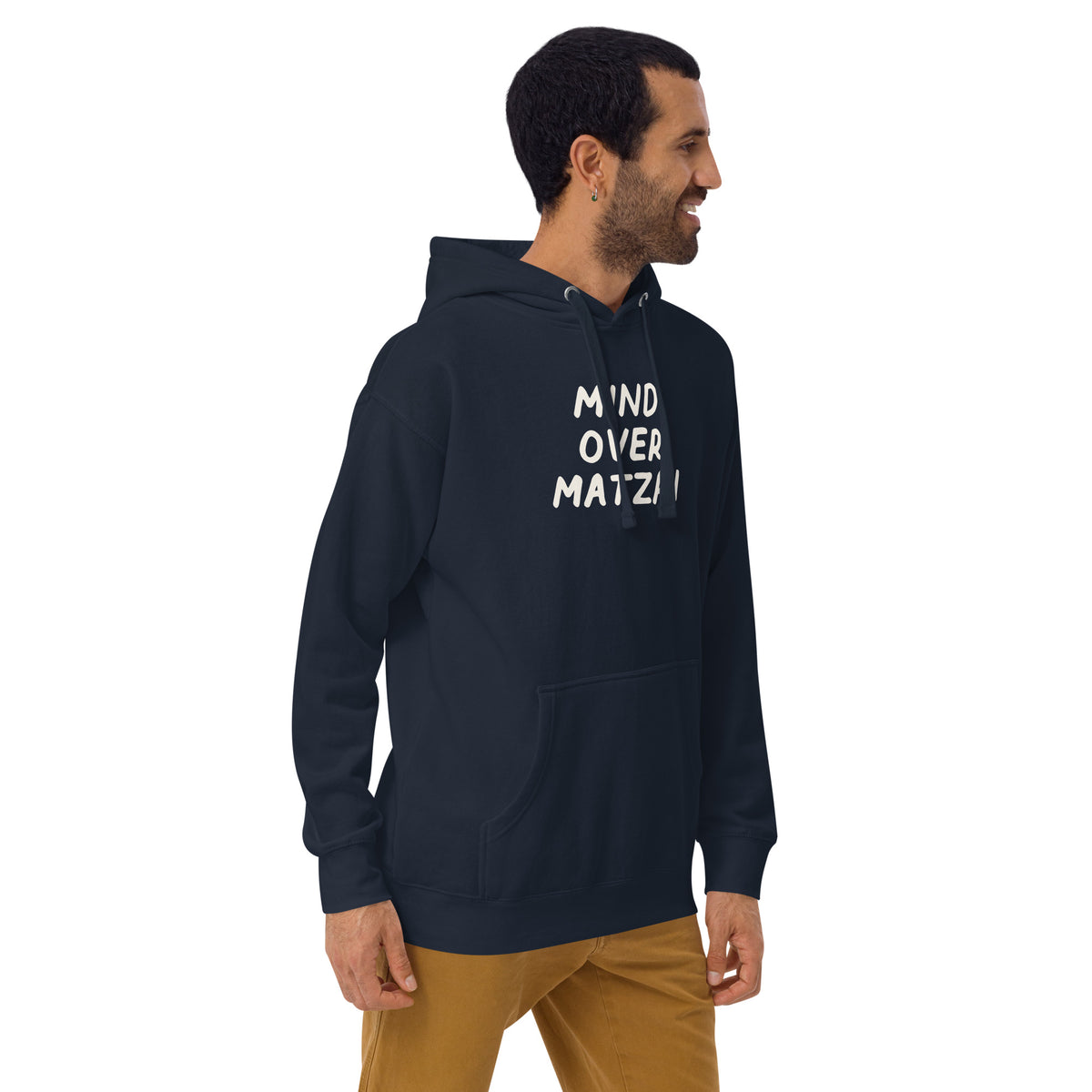 Model wearing the Good Thank God Mind Over Matzah hoodie in Navy Blazer, right front view