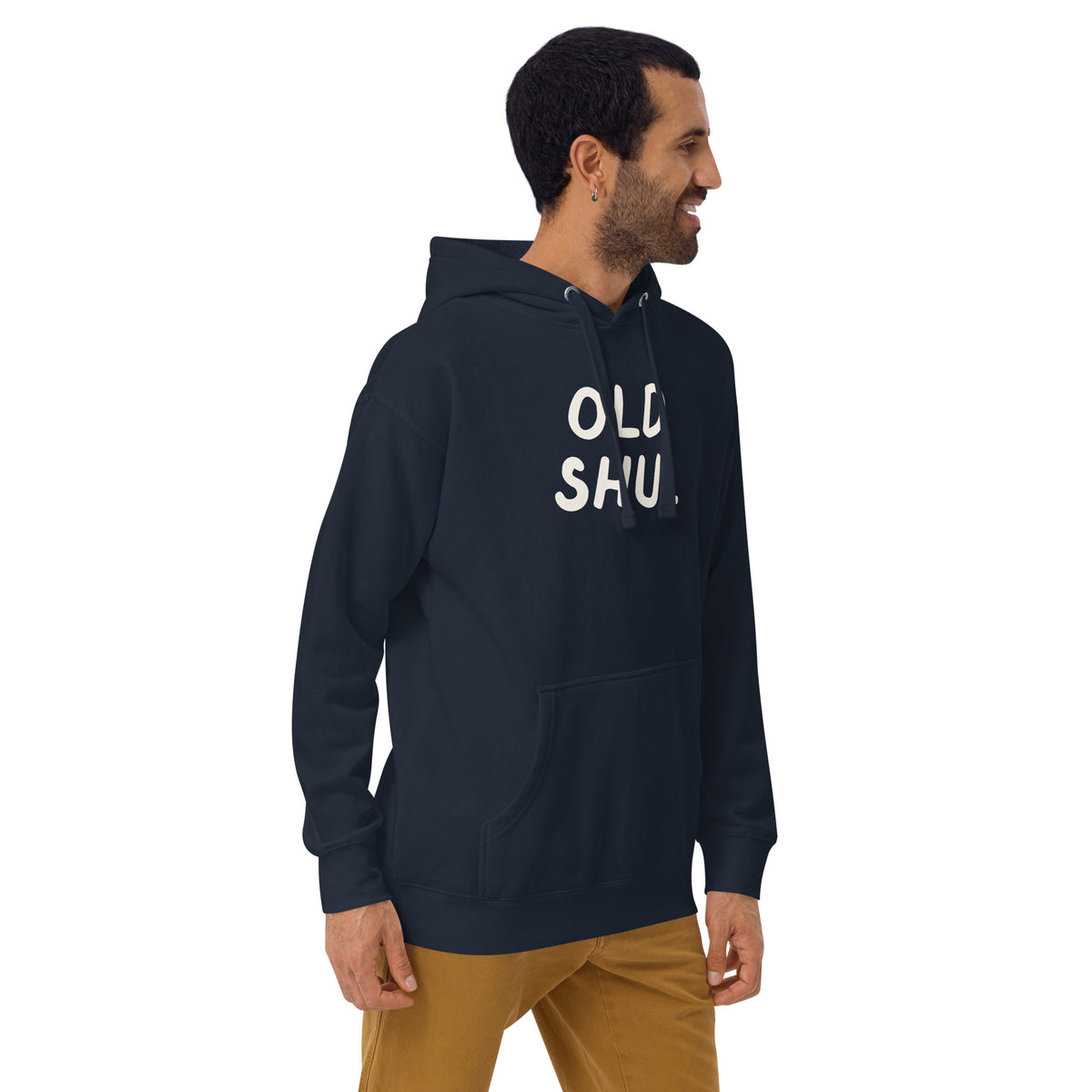 Model wearing the Good Thank God Old Shul hoodie in Navy Blazer, right front view
