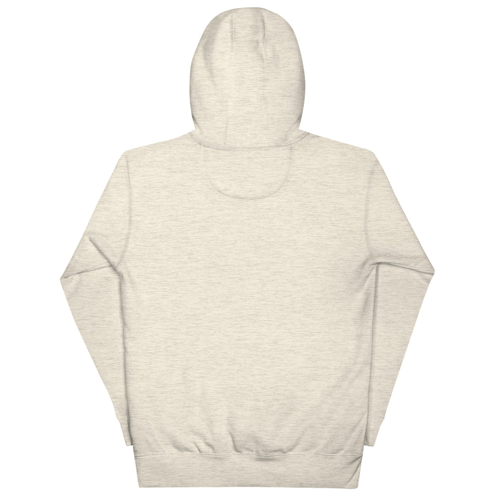 GTG Resting Bubbe Face hoodie in Oatmeal Heather with navy print, back view
