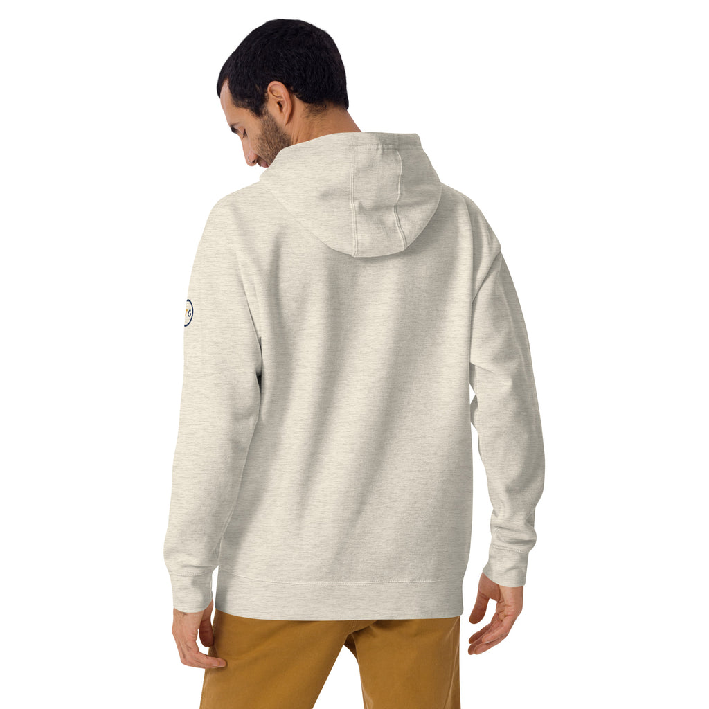 Model wearing the Good Thank God Goyfriend Material hoodie in Oatmeal Heather, back view