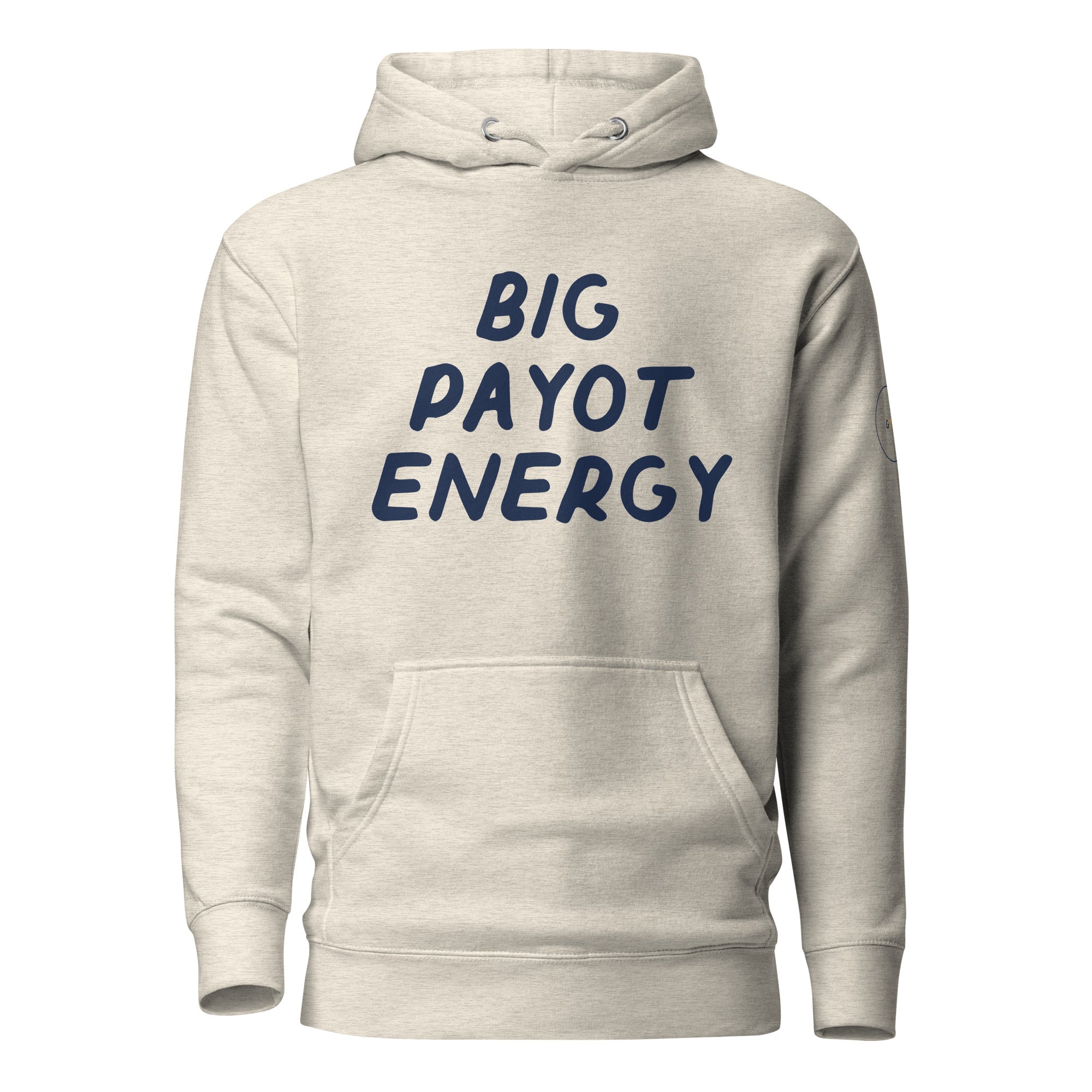 GTG Big Payot Energy hoodie in Oatmeal Heather with navy print, front view