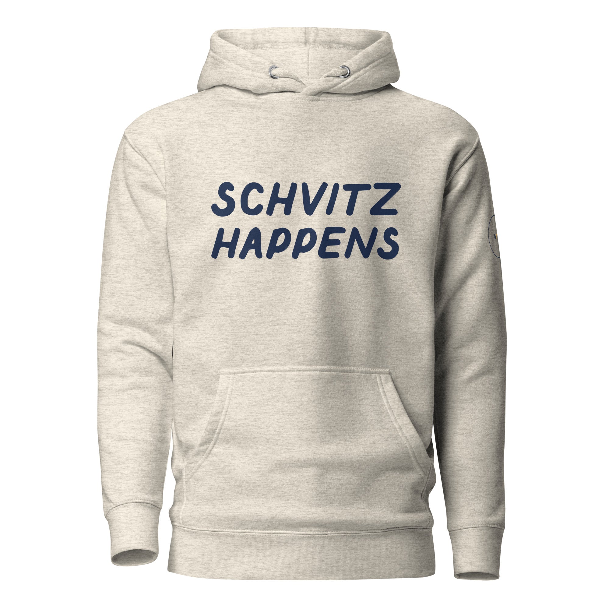 GTG Schvitz Happens hoodie in Oatmeal Heather with navy print, front view