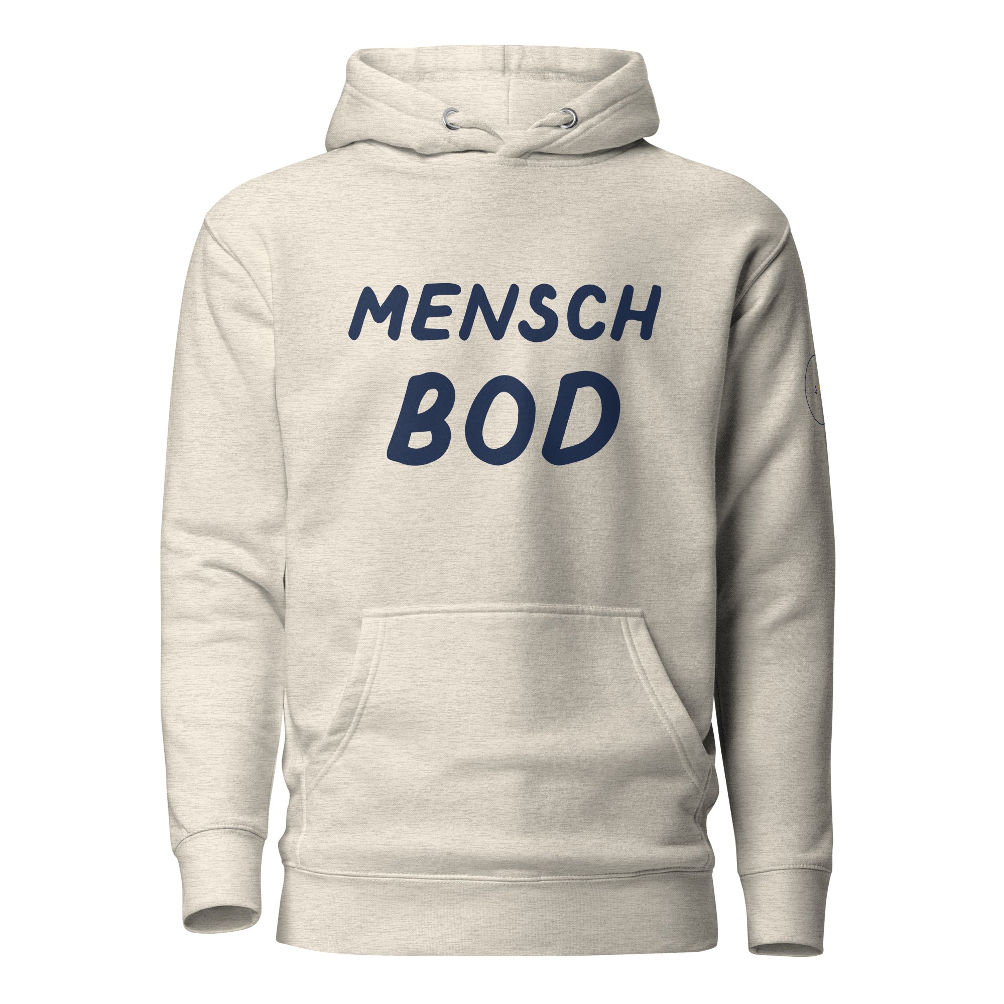 GTG Mensch Bod hoodie in Oatmeal Heather with navy print, front view