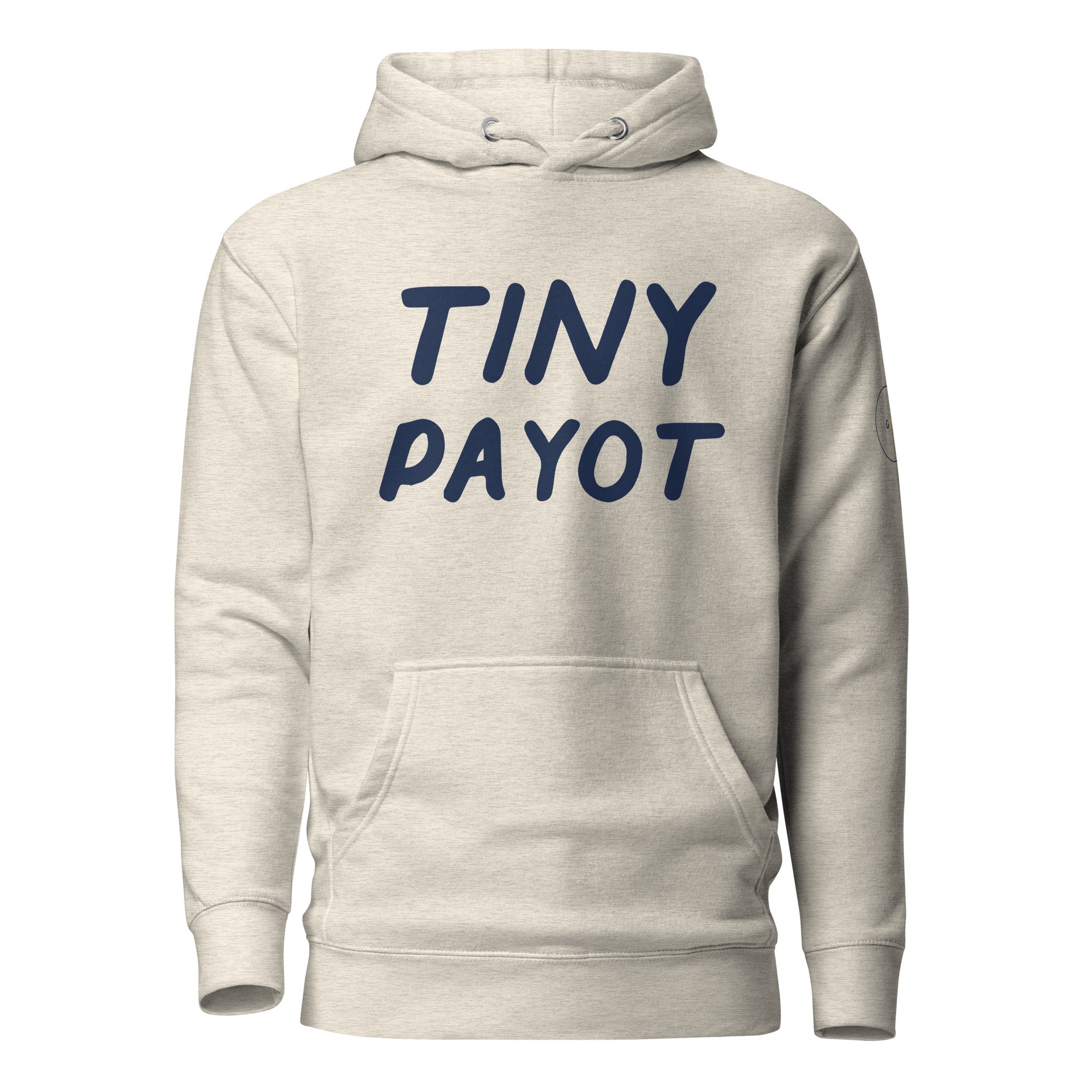 GTG Tiny Payot hoodie in Oatmeal Heather with navy print, front view