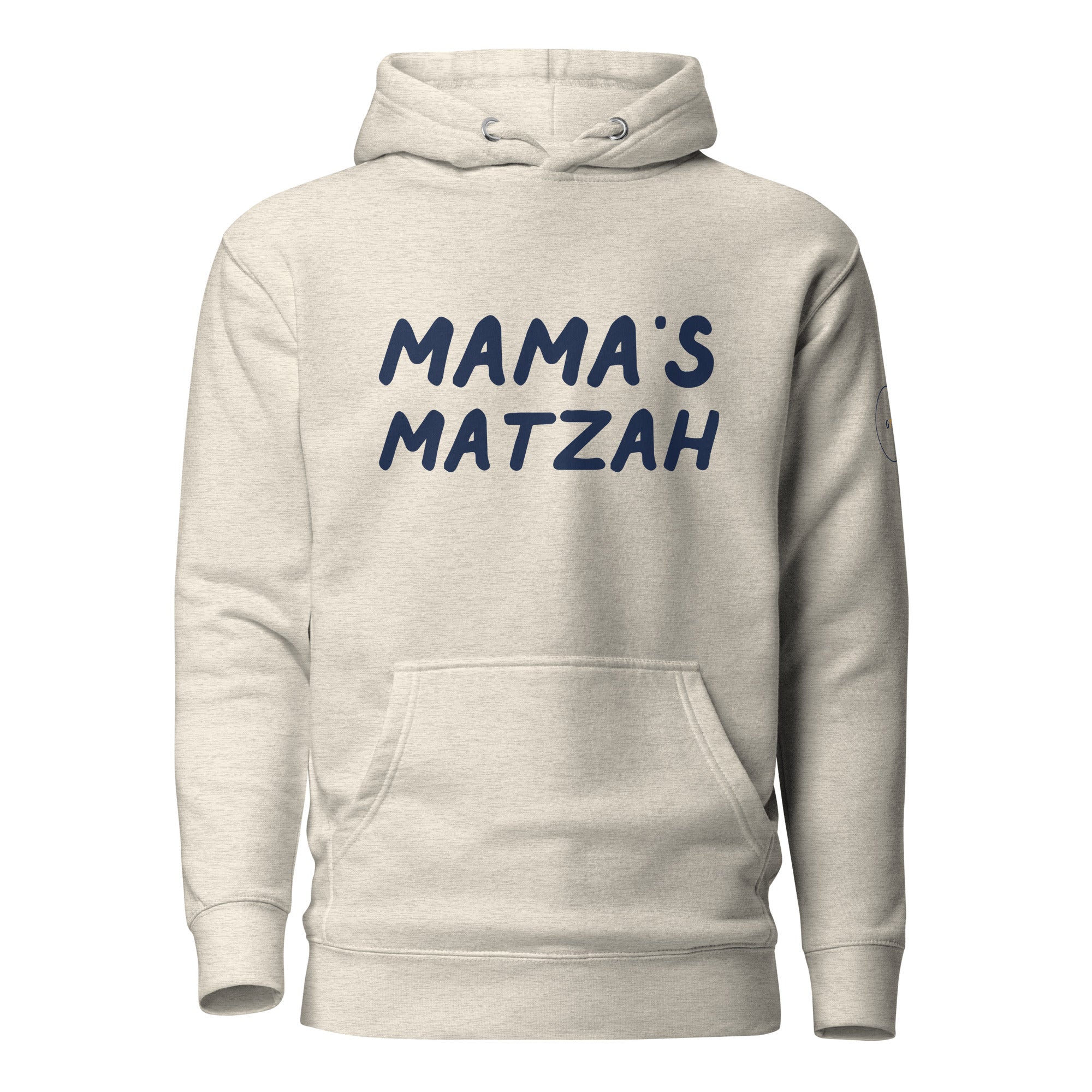 GTG Mama's Matzah hoodie in Oatmeal Heather with navy print, front view