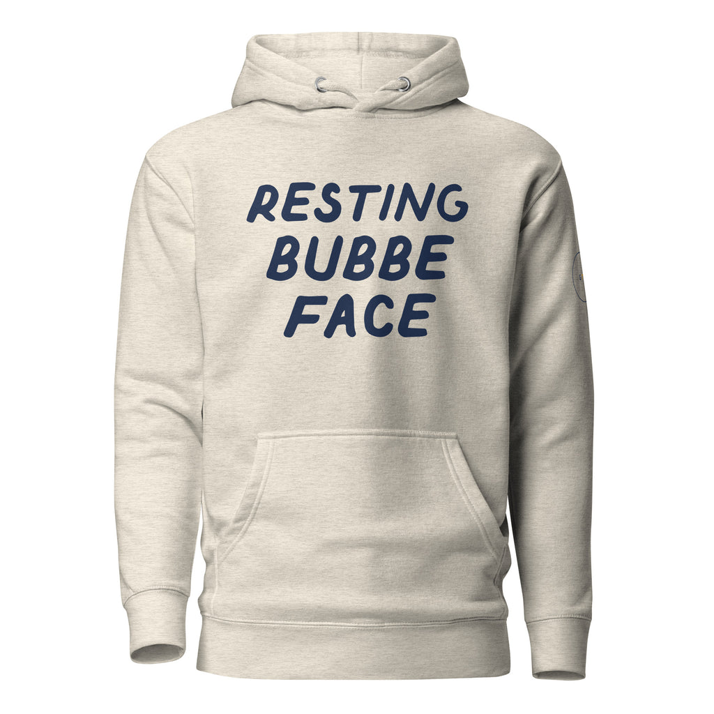GTG Resting Bubbe Face hoodie with screen print, front view
