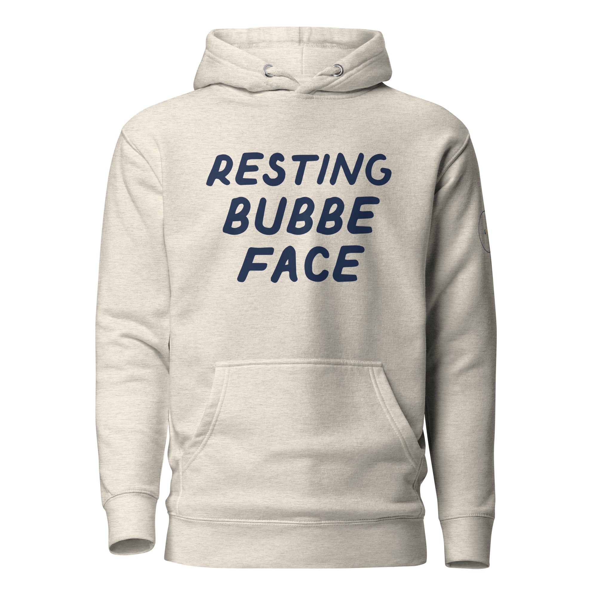 GTG Resting Bubbe Face hoodie with screen print, front view