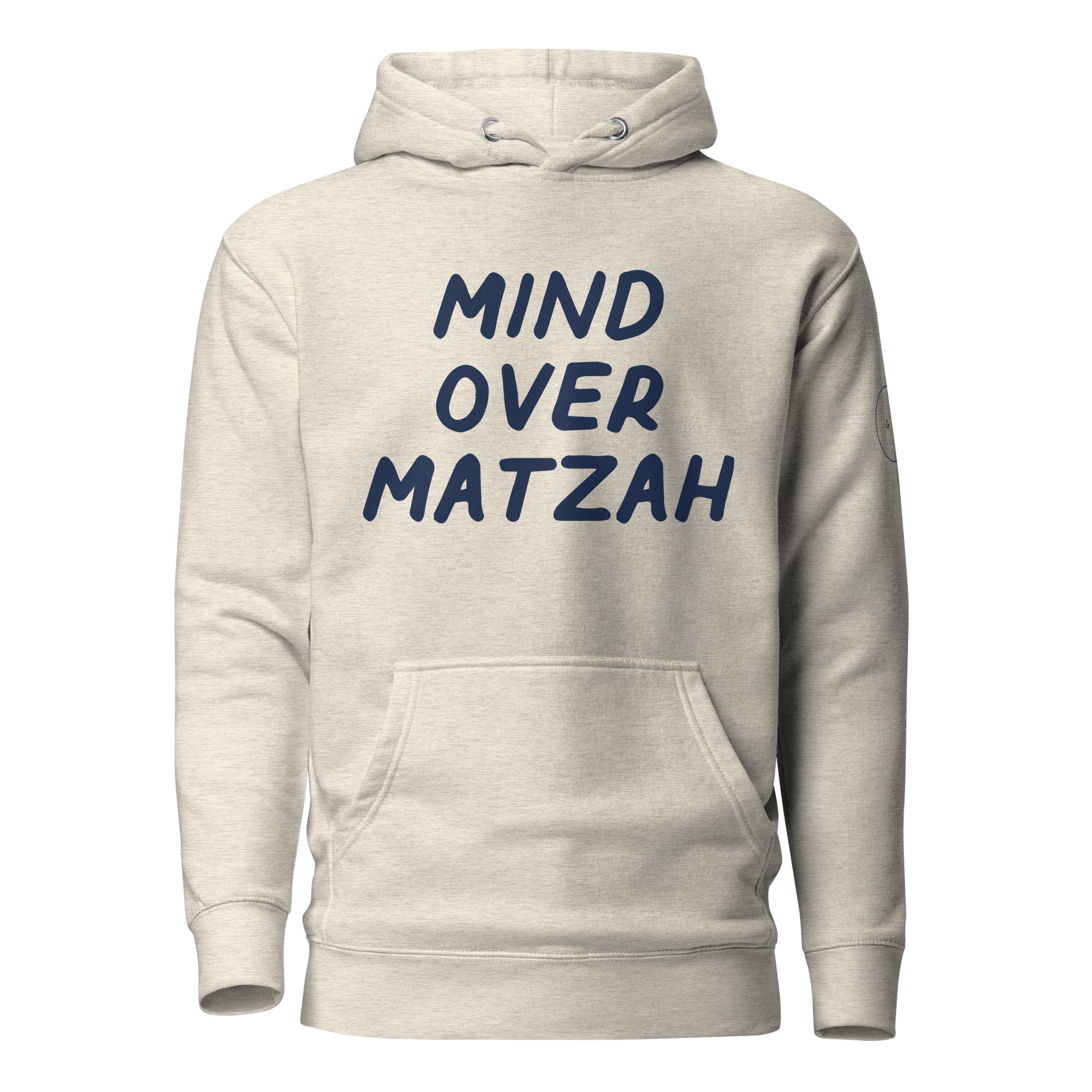 GTG Mind Over Matzah hoodie with screen print, front view