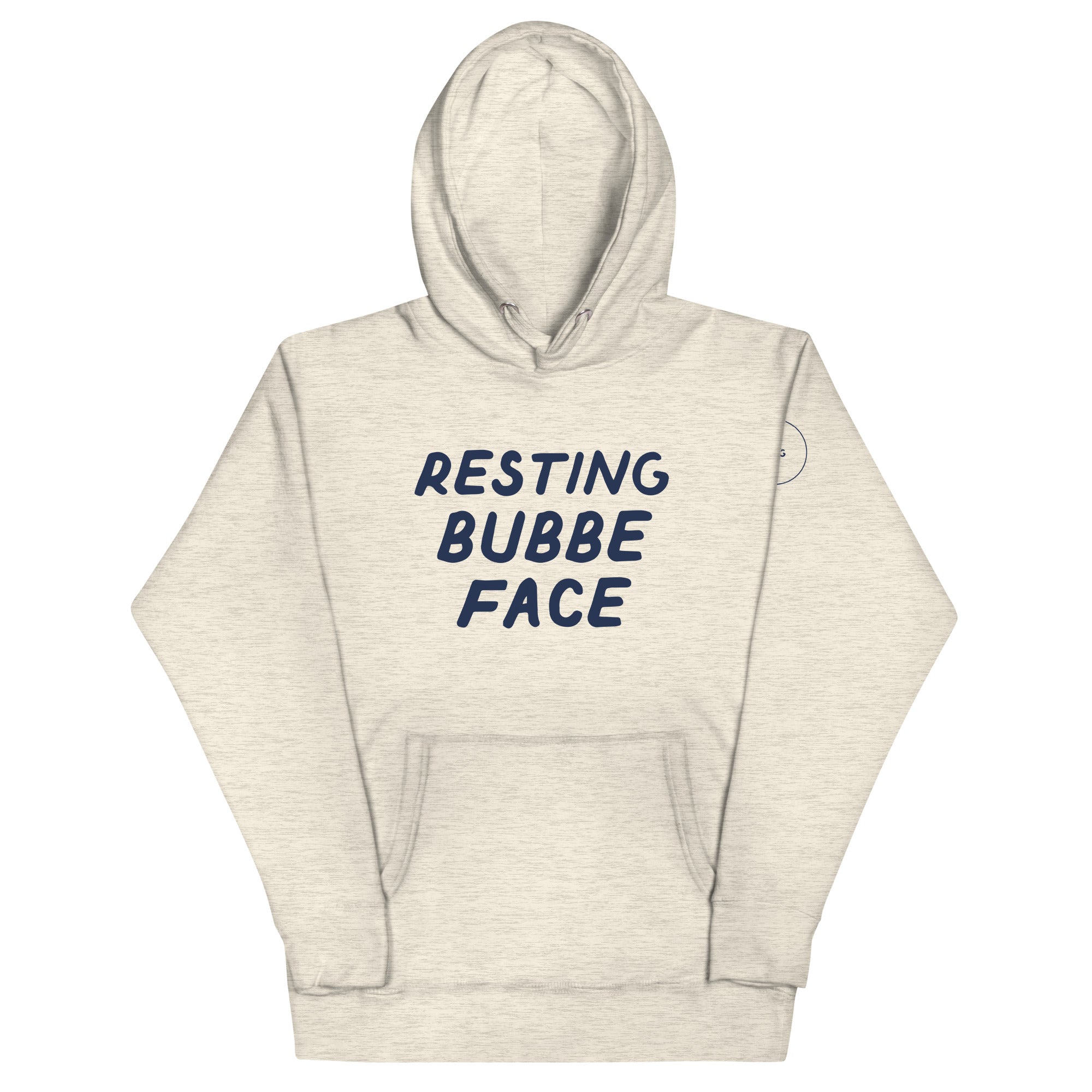 GTG Resting Bubbe Face hoodie in Oatmeal Heather with navy print, front view
